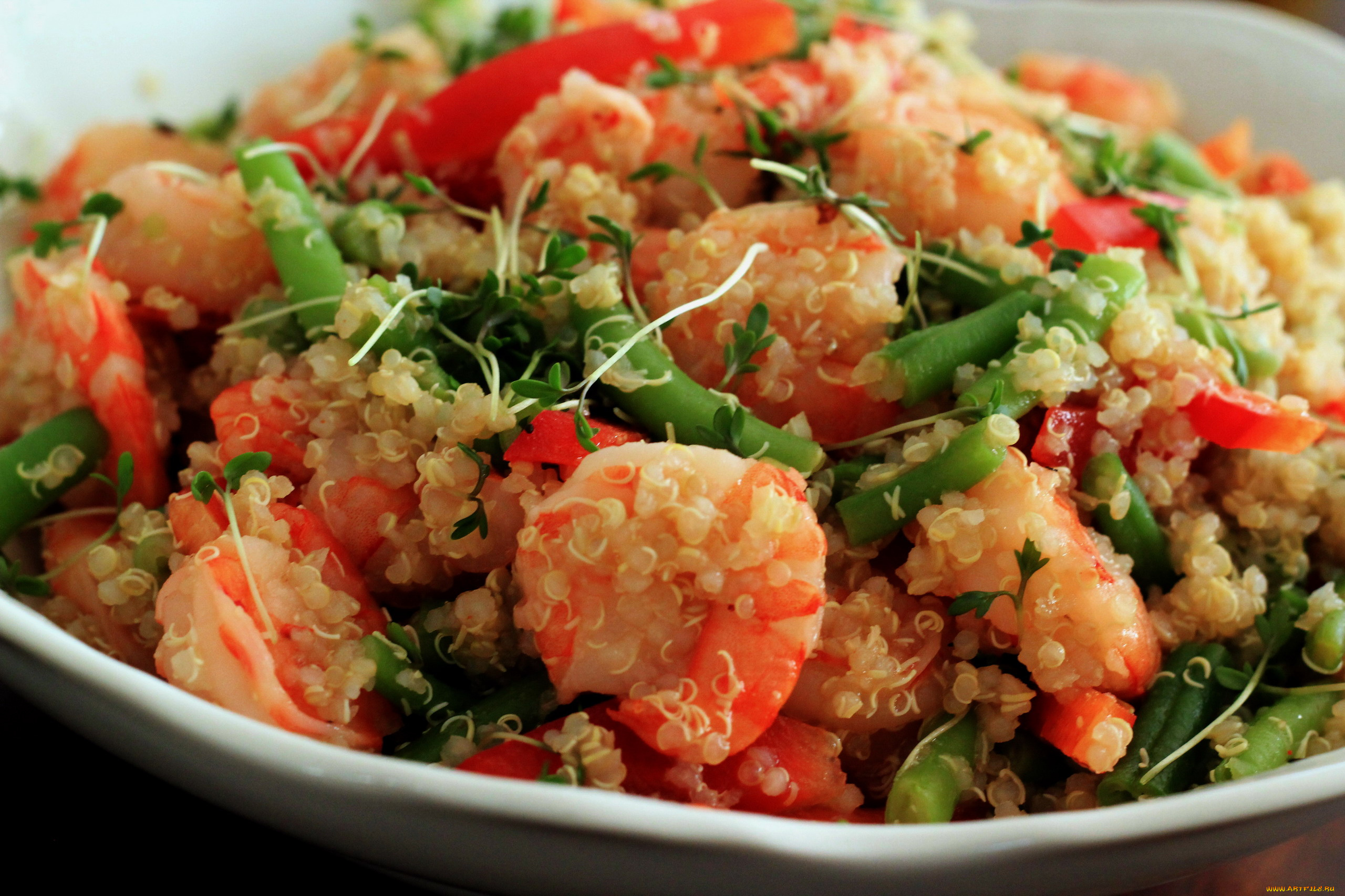 еда, рыбные, блюда, , с, морепродуктами, фасоль, киноа, креветки