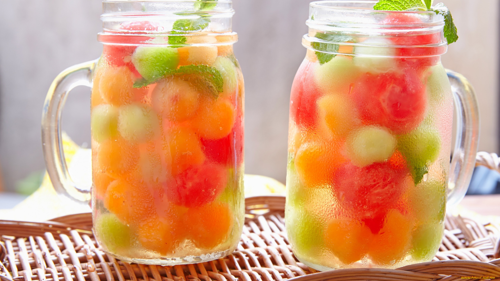 еда, фрукты, , ягоды, фреш, кружки, напиток, трубочки, мята