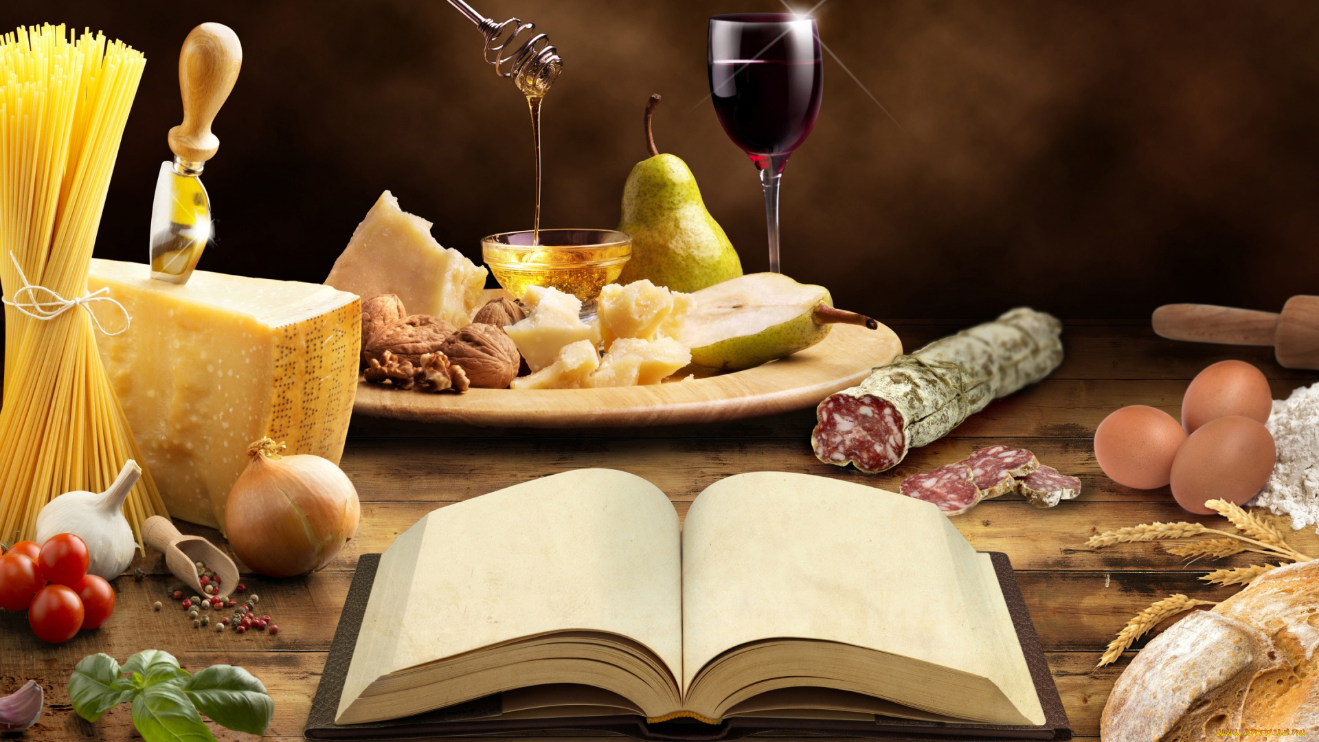 еда, натюрморт, вино, помидоры, грецкие, орехи, чеснок, стол, желток, книга, хлеб, лапша, бокал, сыр, нож, колбаса, скалка, груша, спагетти, мука, мёд, яйца, лук