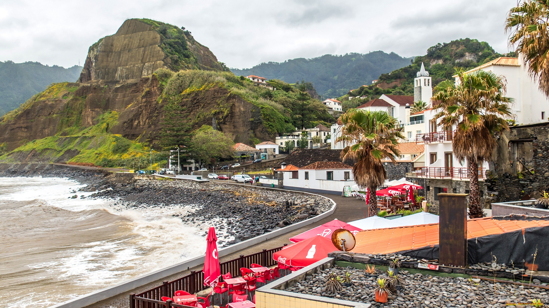 города, -, пейзажи, madeira, дома, португалия, деревья, побережье, море, скалы
