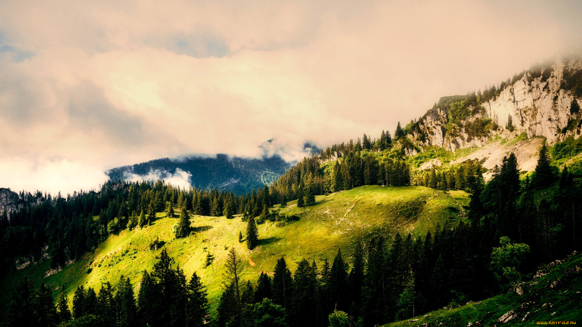 природа, горы, деревья, скалы, лес, вид, сверху, германия, облака, солнце