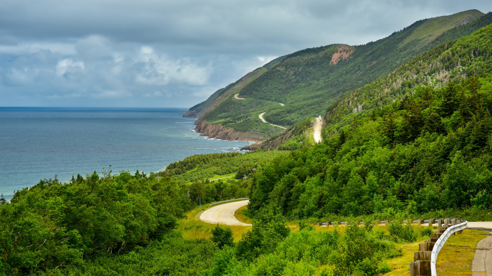 природа, побережье, скалы, небо, кейп-бретон-хайлендс, деревья, море, тучи, горы, дорога, горизонт, канада, cape, breton, highlands, national, park