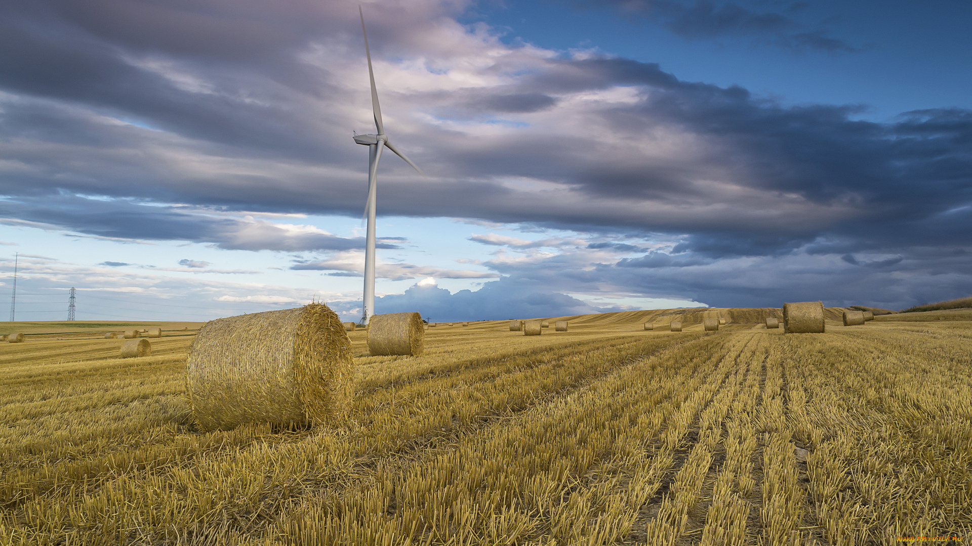 природа, поля, поле, тучи, ветряки, сено