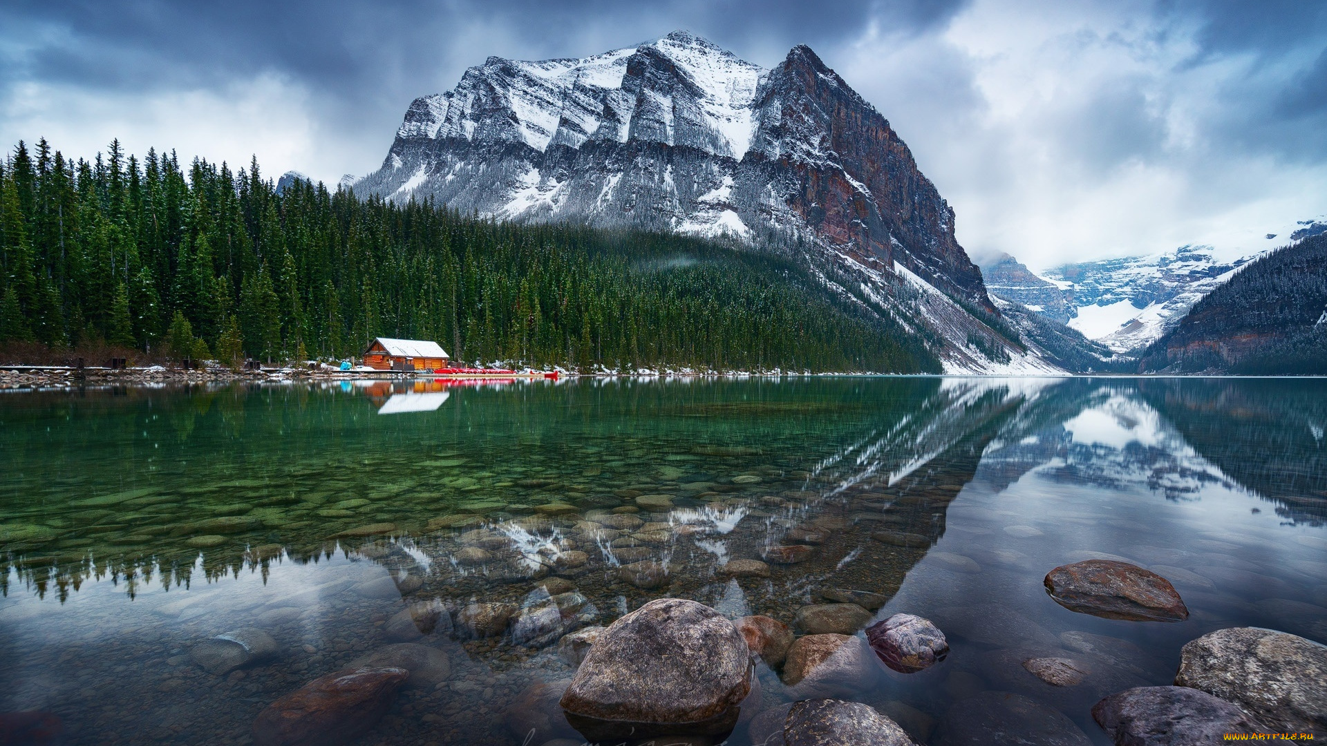 природа, реки, озера, озеро, домик, снег, канада, горы, зима