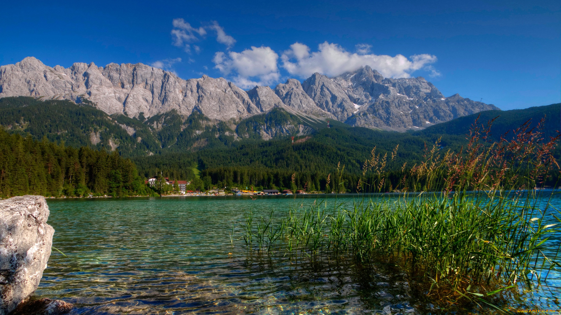 природа, реки, озера, скалы, облака, деревья, озеро, лес, небо, камыши, германия, горы, lake, eibsee, альпы, солнечно
