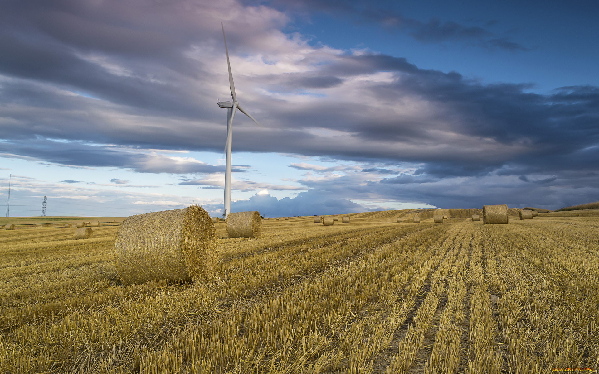 природа, поля, поле, тучи, ветряки, сено