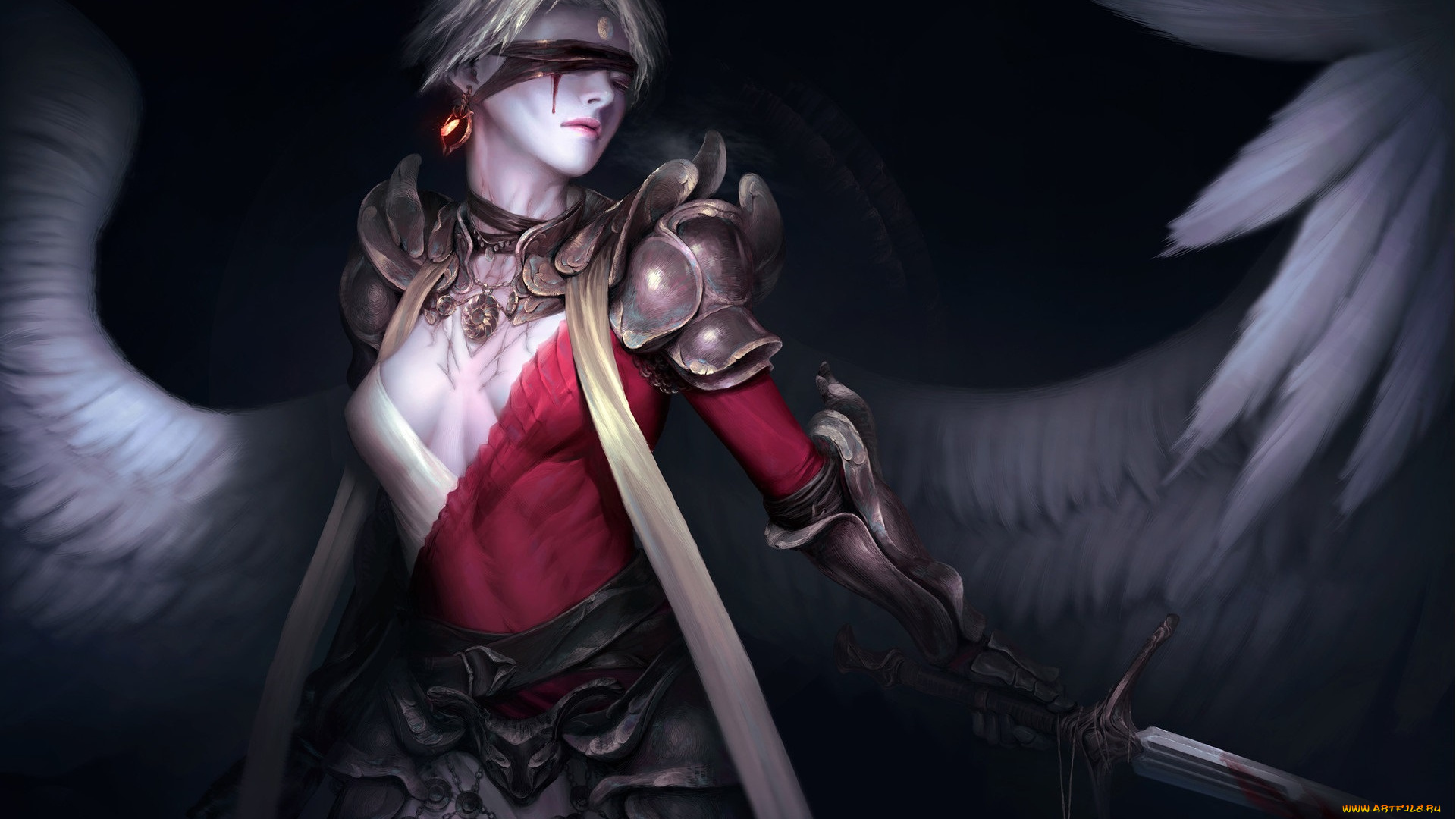 фэнтези, ангелы, меч, повязка, фон, крылья, оружие, арт, ангел