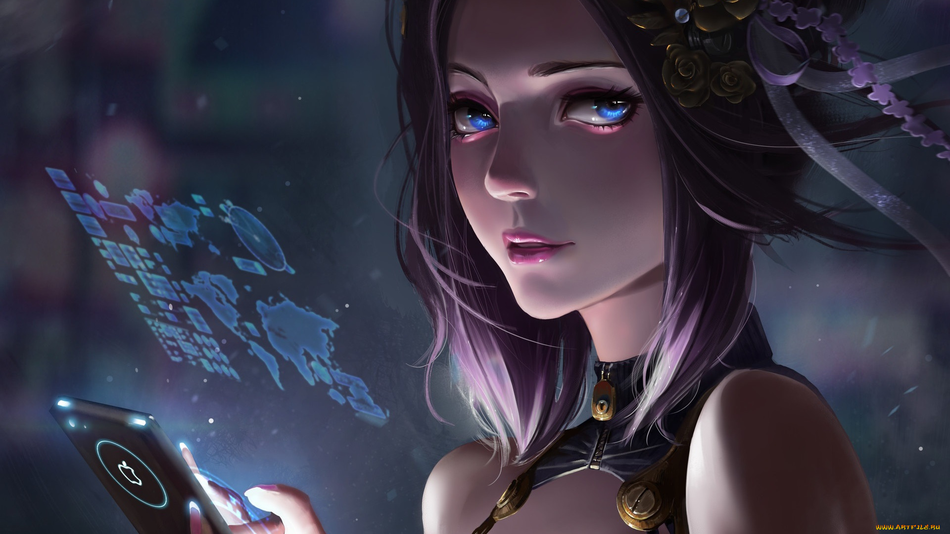 фэнтези, девушки, cyberpunk, технологии, фантастика, apple, взгляд, девушка, арт