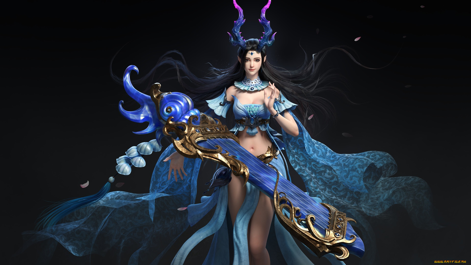 фэнтези, девушки, инструмент, взгляд, поза, арт, девушка, черный, фон, костюм