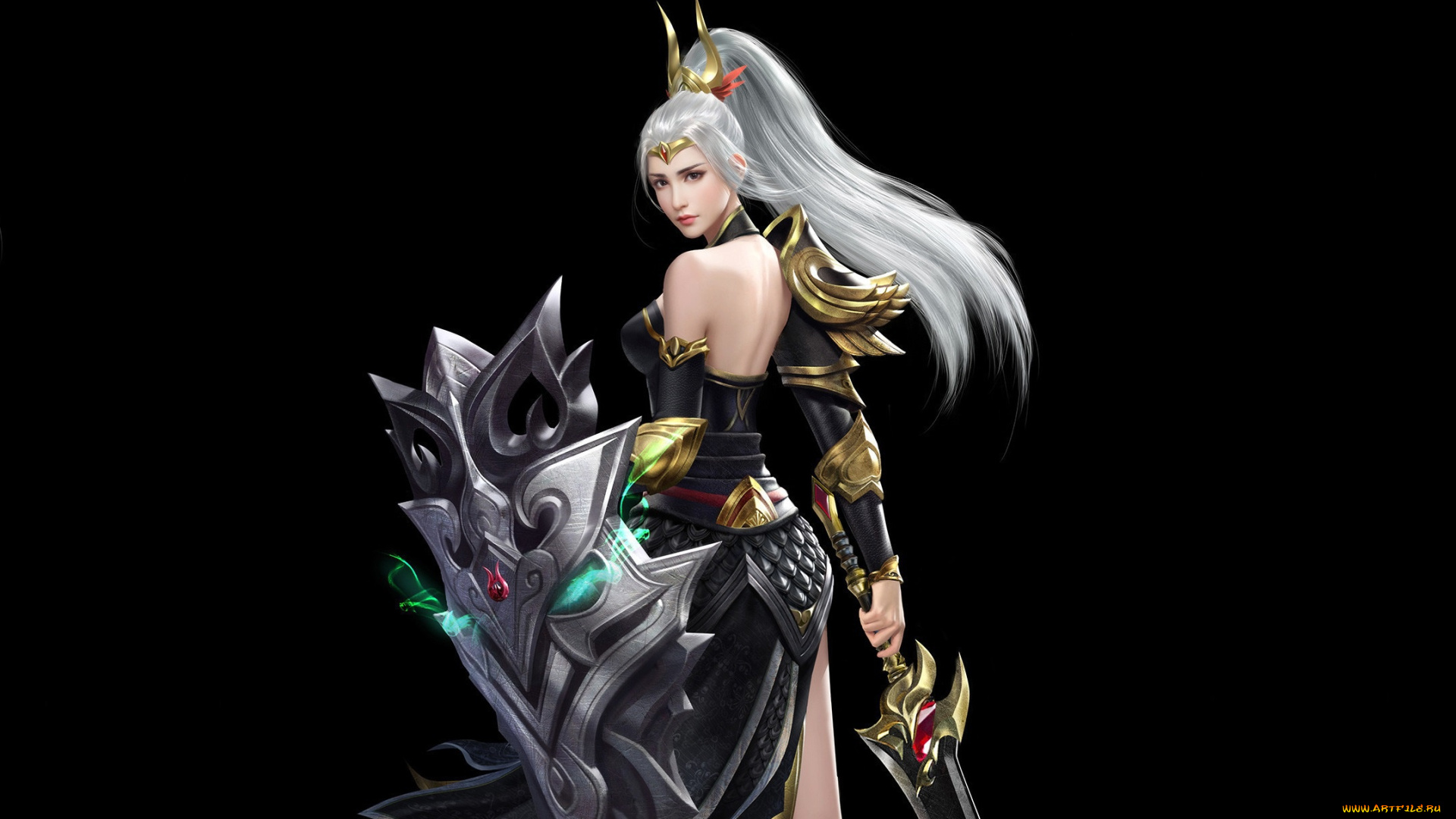 фэнтези, девушки, щит, меч, черный, фон, девушка, арт, магия, оружие, взгляд, поза