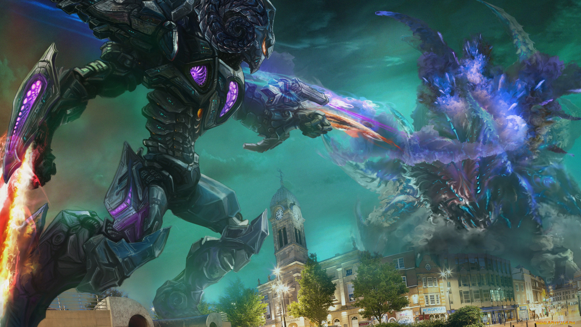 фэнтези, роботы, , киборги, , механизмы, jaeger, pacific, rim, битва, ночь, kaiju, город, art