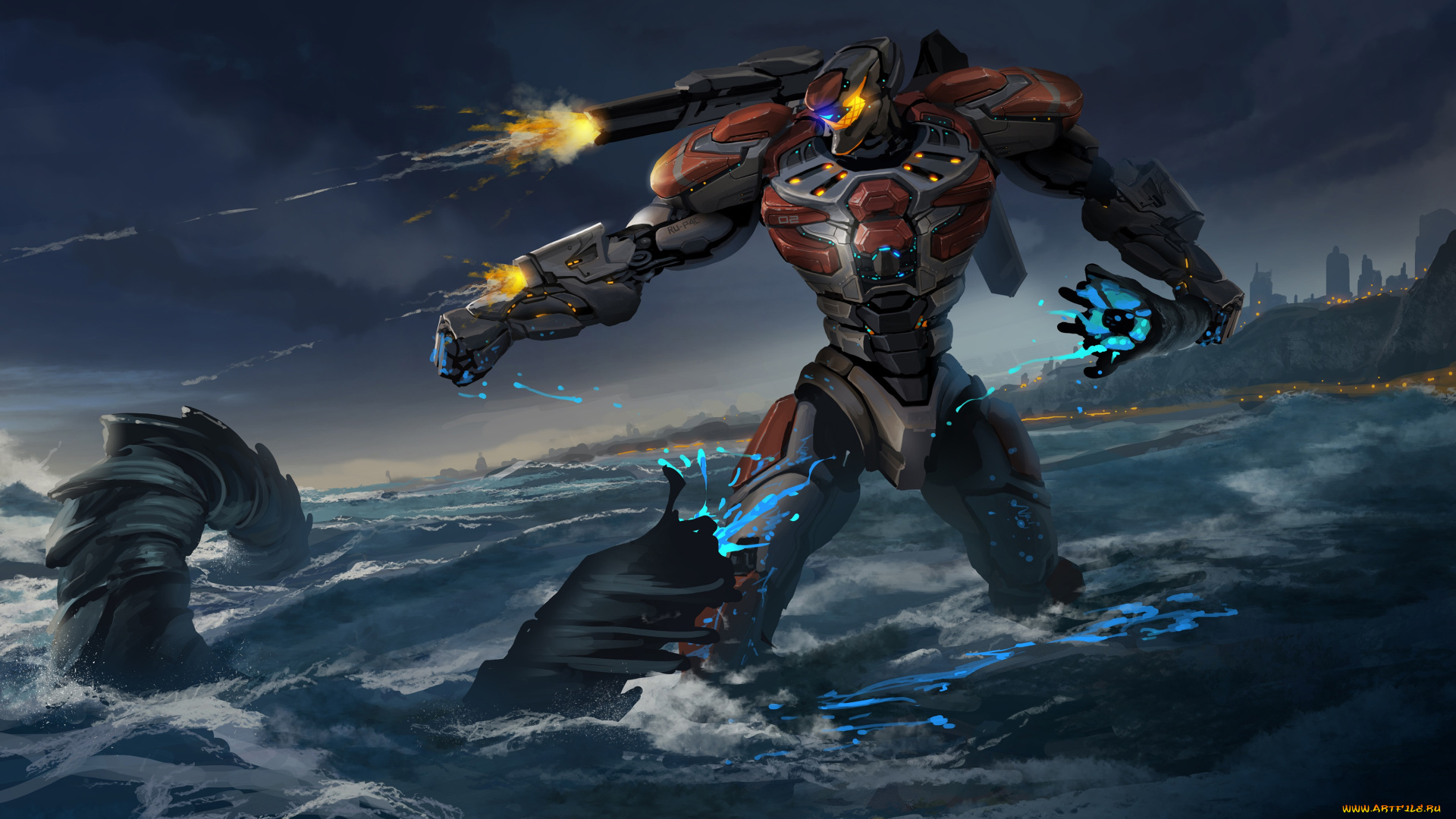 фэнтези, роботы, , киборги, , механизмы, jaeger, гигант, фантастика, робот, море, pacific, rim