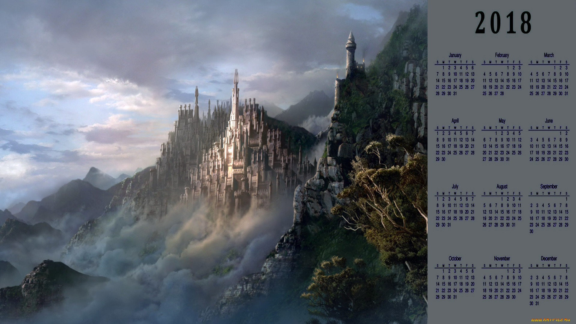 календари, фэнтези, гора, растения, природа, замок, облака