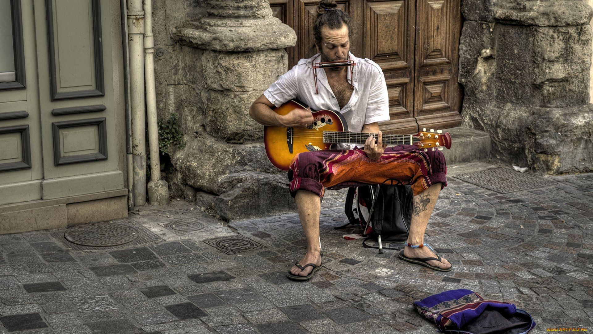 музыка, -другое, гитара, мужчина, дверь, улица