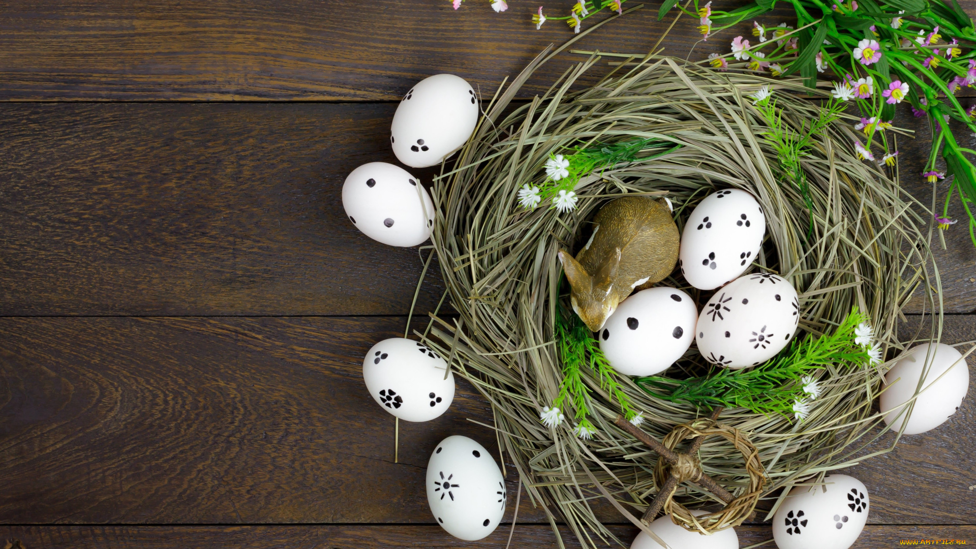 праздничные, пасха, весна, сено, яйца, wood, easter, decoration, flowers, eggs, цветы, spring, happy