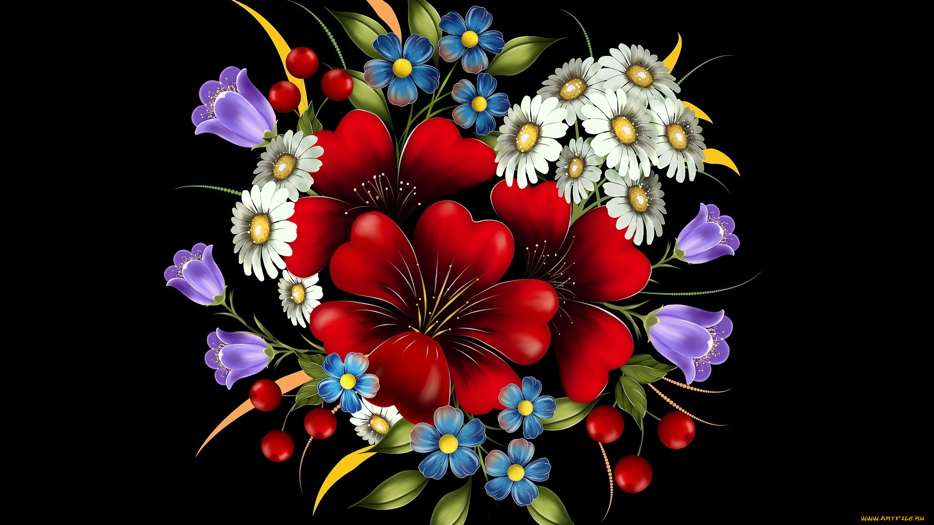 рисованное, цветы, фон, букет