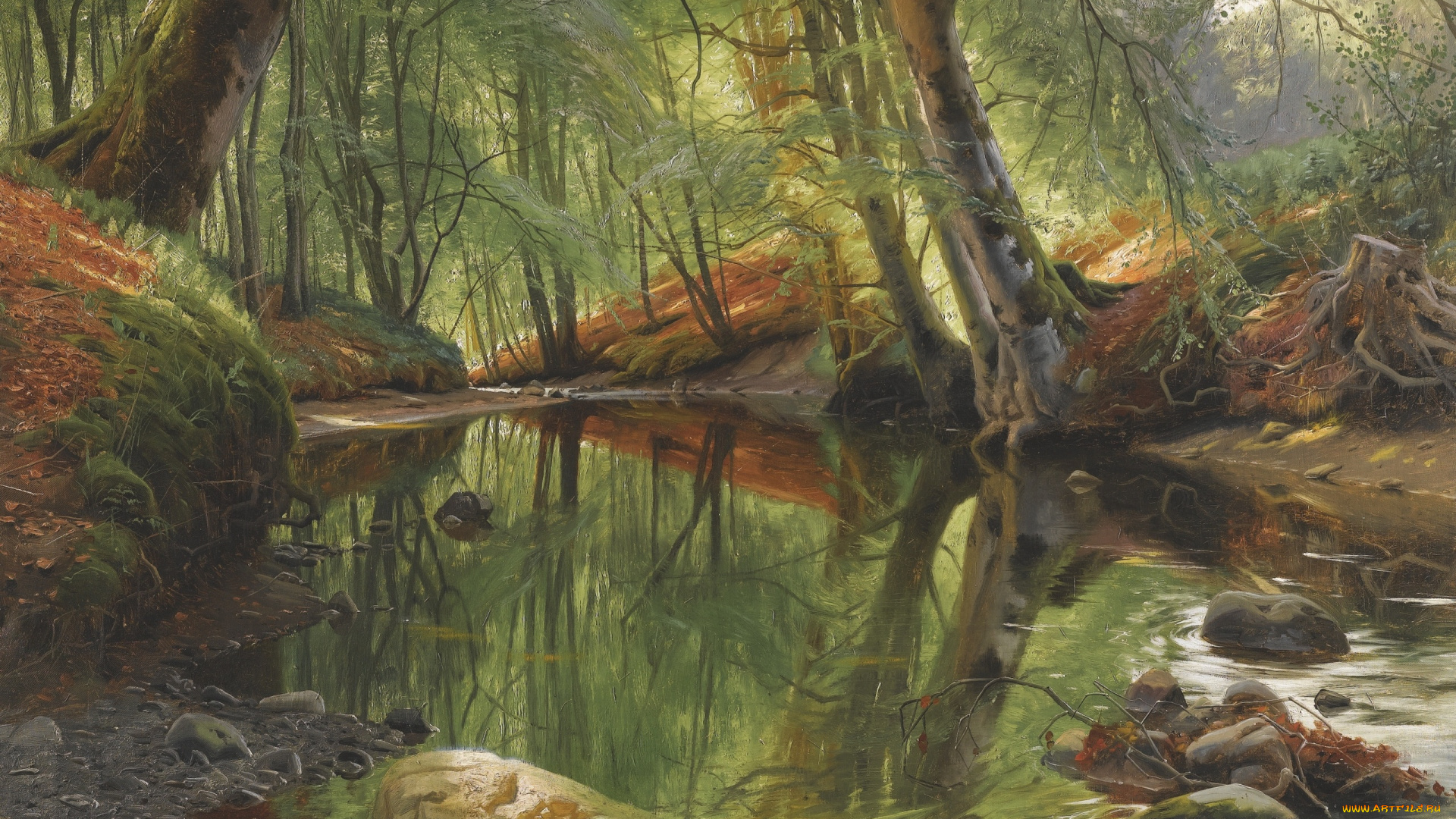 рисованное, живопись, a, woodland, stream, danish, realist, painter, петер, мёрк, мёнстед, датский, живописец, peder, mоrk, mоnsted, лесной, ручей, 1895