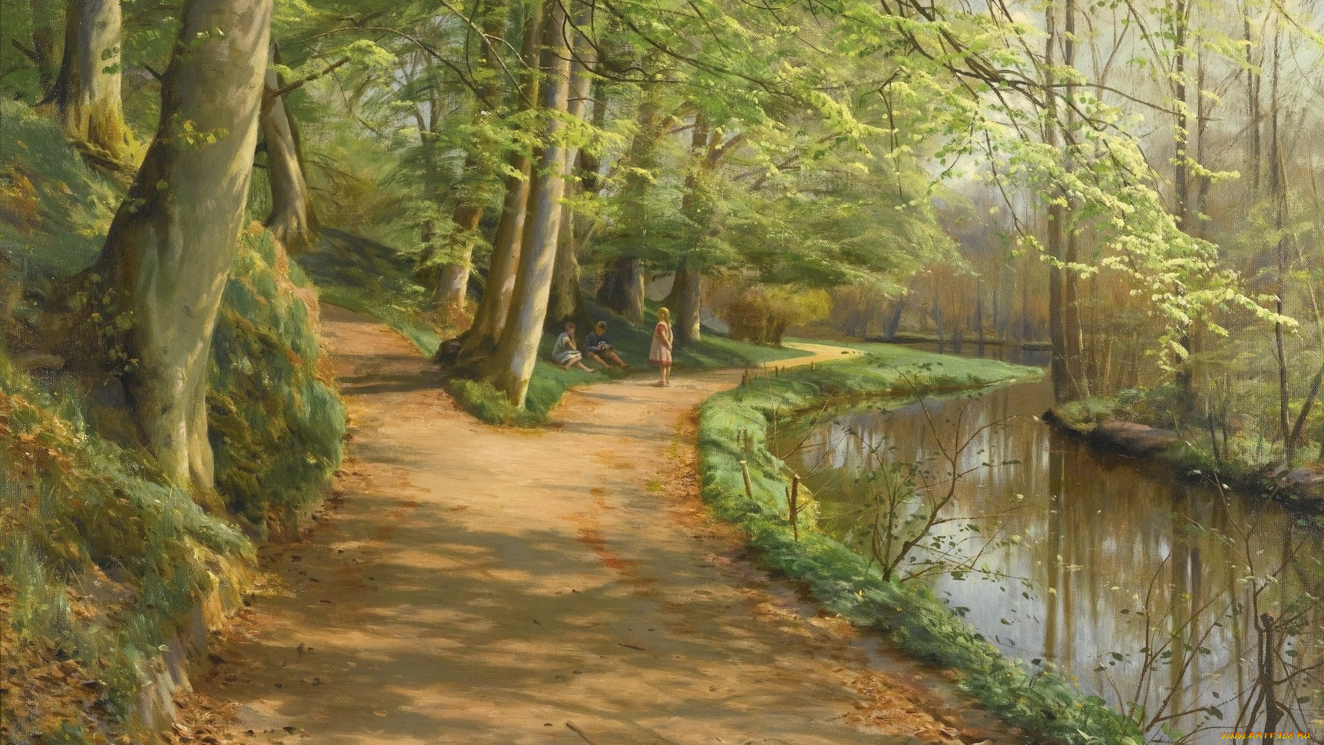 рисованное, живопись, danish, realist, painter, датский, живописец, петер, мёрк, мёнстед, peder, mоrk, mоnsted, 1929, дети, у, реки, children, by, a, stream