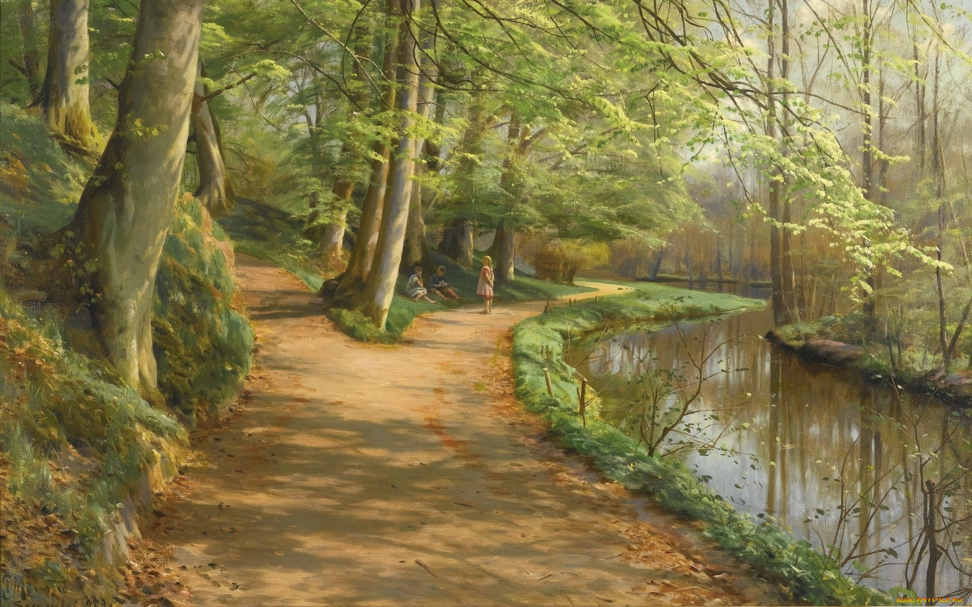 рисованное, живопись, danish, realist, painter, датский, живописец, петер, мёрк, мёнстед, peder, mоrk, mоnsted, 1929, дети, у, реки, children, by, a, stream