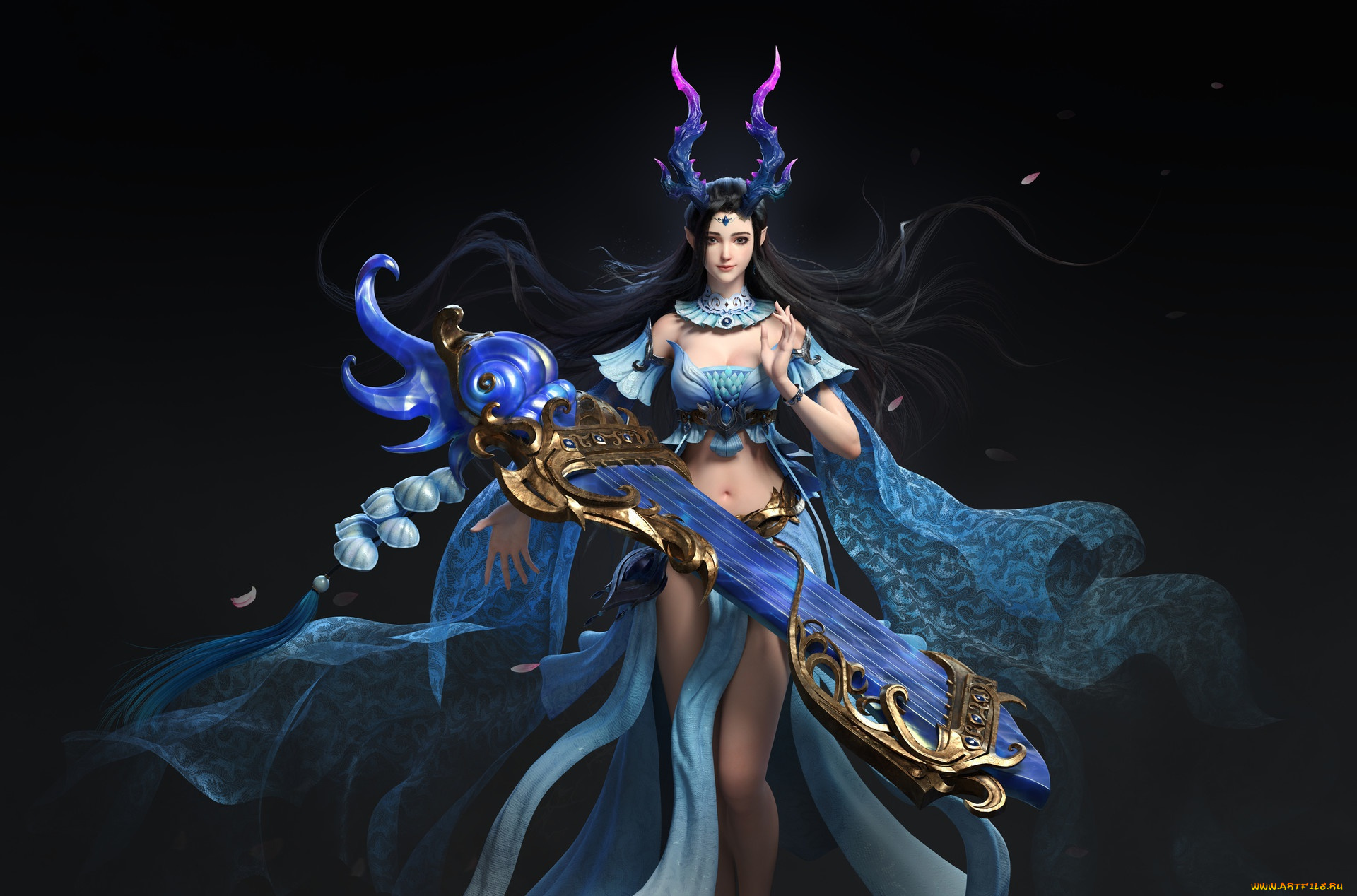 фэнтези, девушки, инструмент, взгляд, поза, арт, девушка, черный, фон, костюм