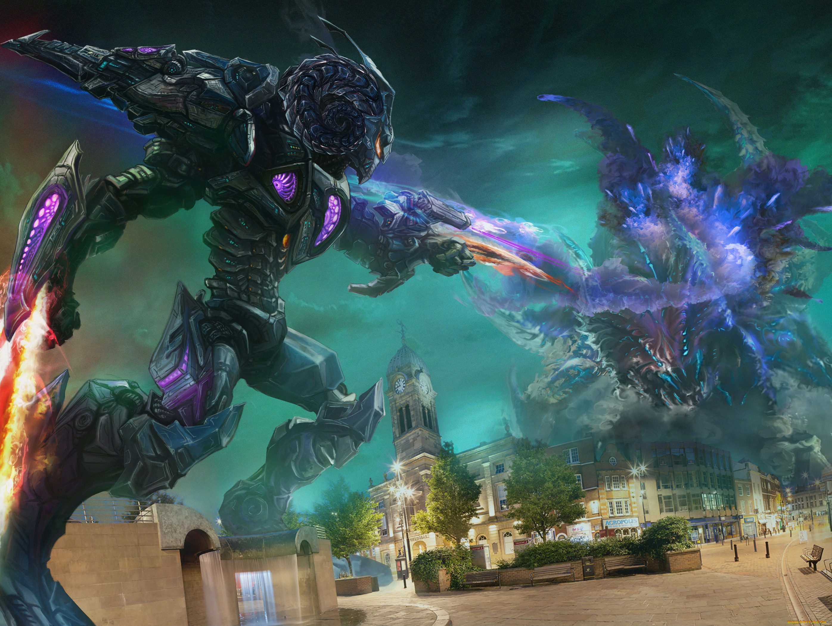 фэнтези, роботы, , киборги, , механизмы, jaeger, pacific, rim, битва, ночь, kaiju, город, art