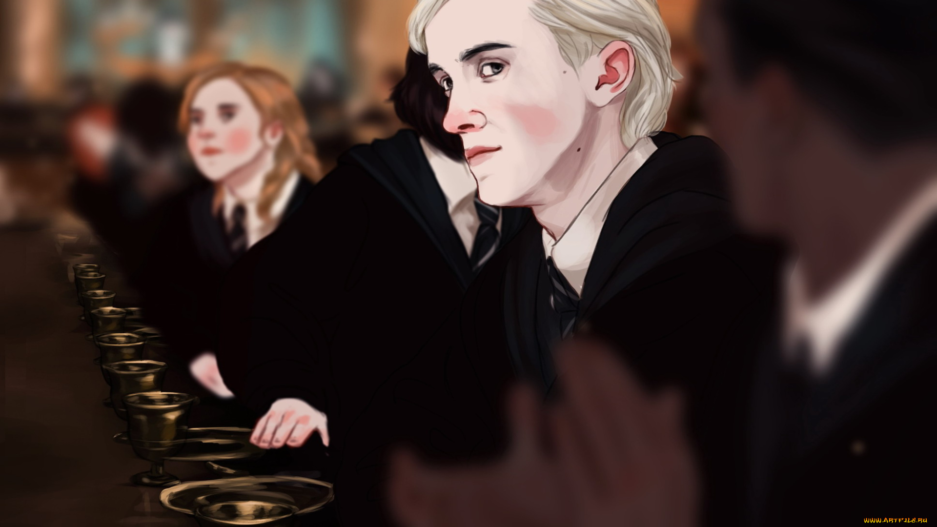 рисованное, кино, , мультфильмы, драко, малфой, мантия, ученики, стол, слизерин, кубки