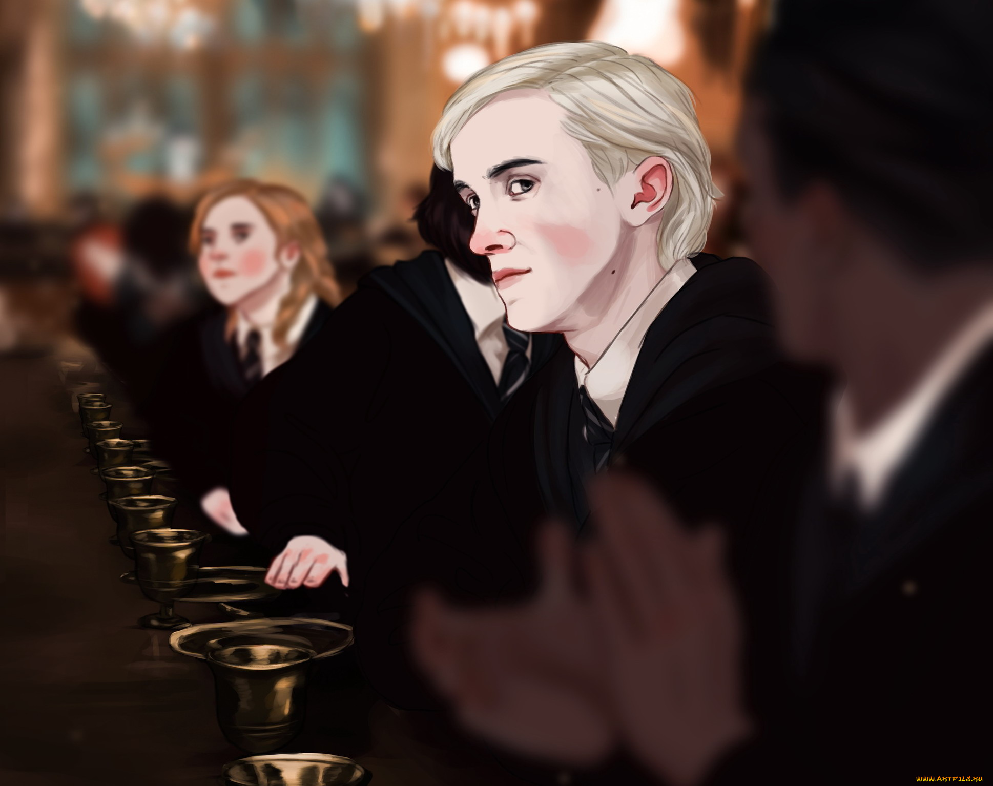 рисованное, кино, , мультфильмы, драко, малфой, мантия, ученики, стол, слизерин, кубки