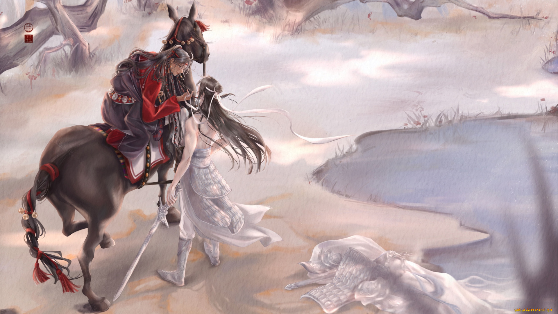 аниме, mo, dao, zu, shi, вэй, усянь, лань, ванцзи, берег, лошадь, меч