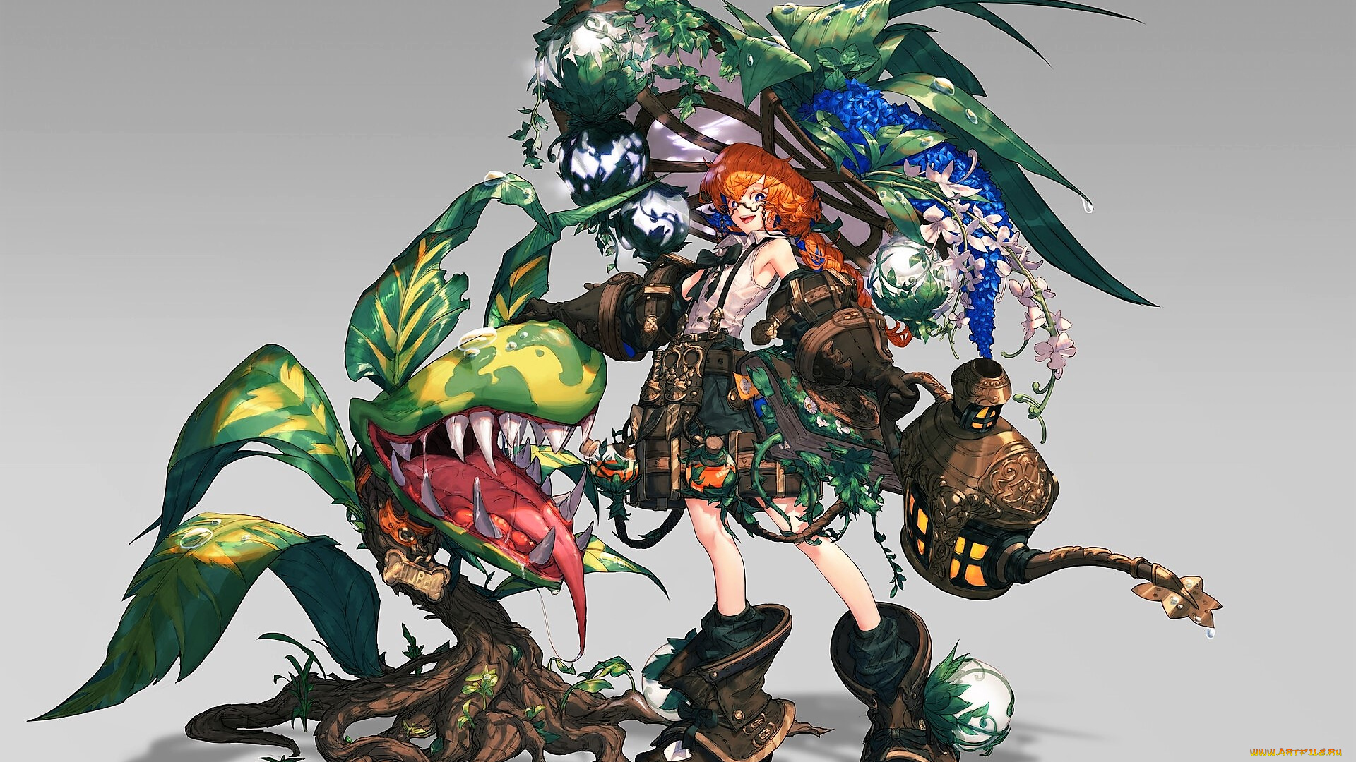 аниме, животные, , существа, девушка, растения, лейка