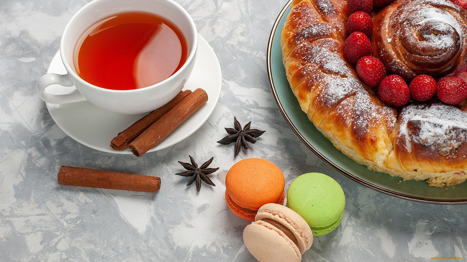 еда, пироги, макаруны, пирог, клубника, чай