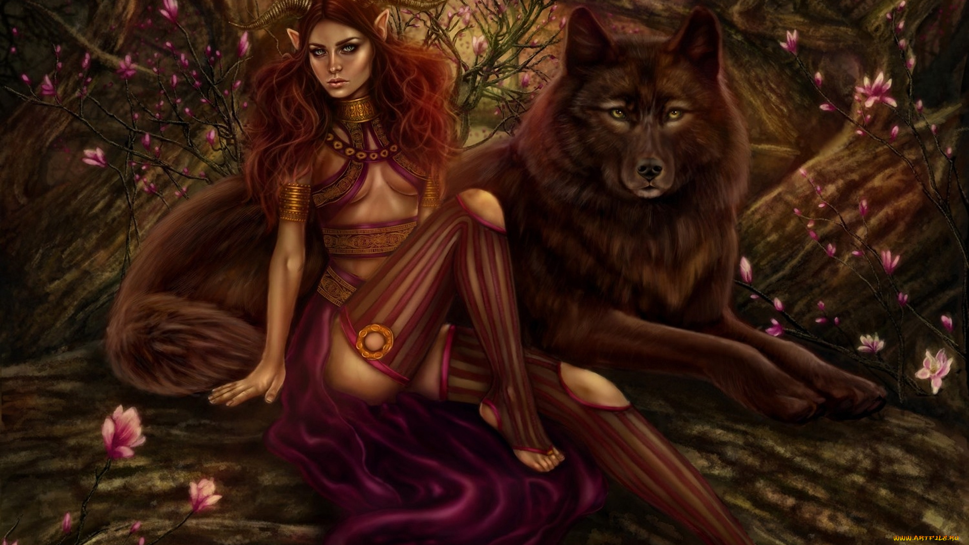 фэнтези, существа, девушка, рога, волк, цветы