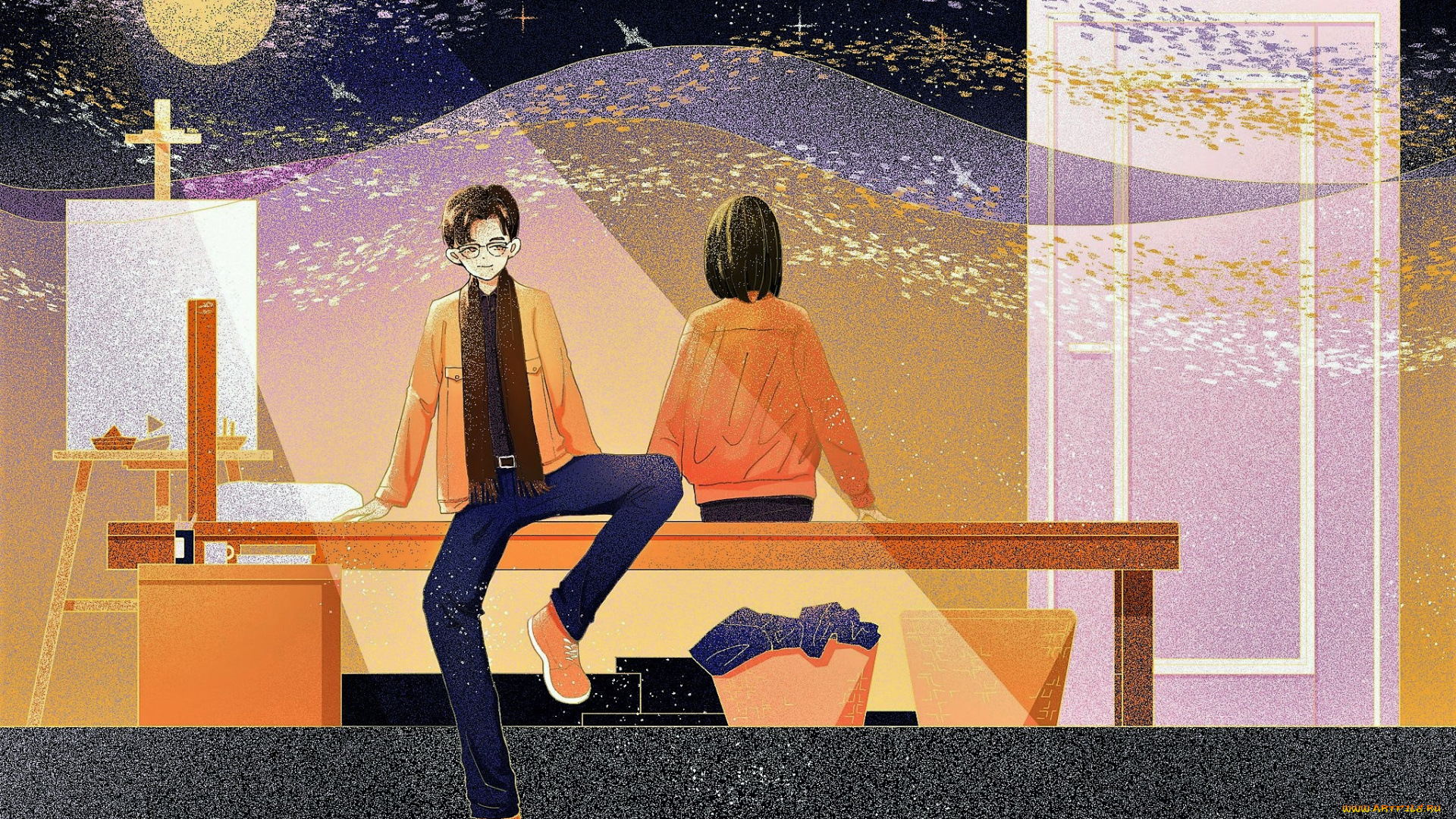 рисованное, кино, , мультфильмы, парень, девушка, кровать, мольберт, дверь