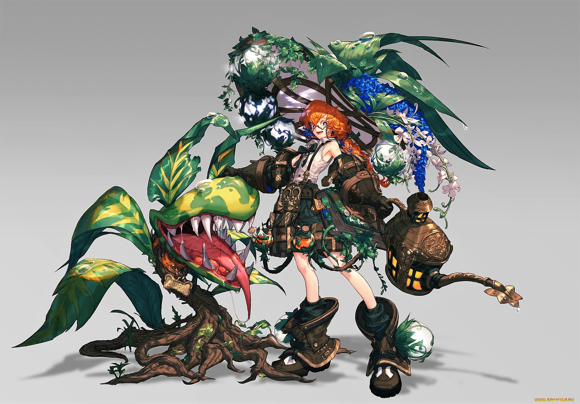 аниме, животные, , существа, девушка, растения, лейка