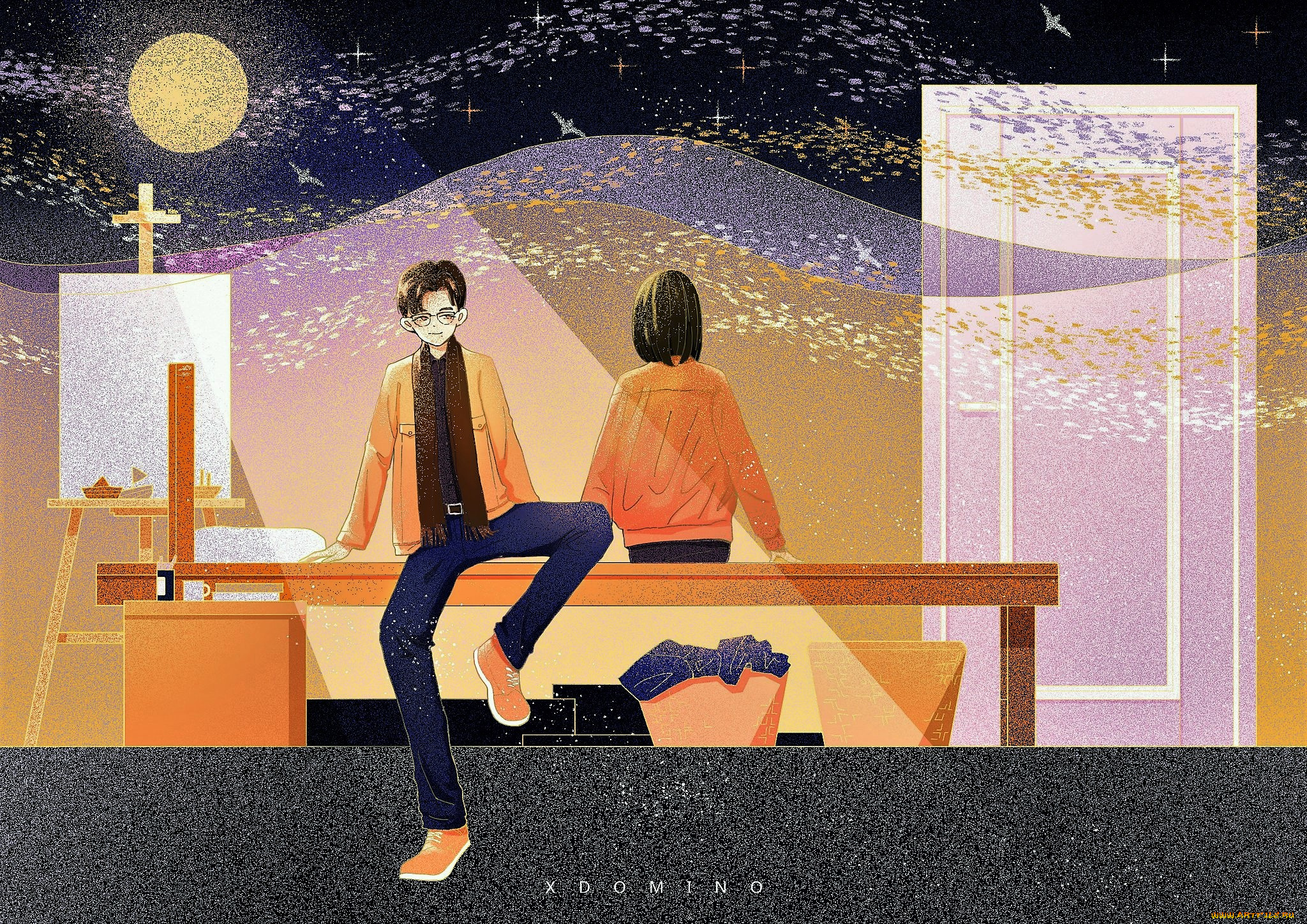 рисованное, кино, , мультфильмы, парень, девушка, кровать, мольберт, дверь