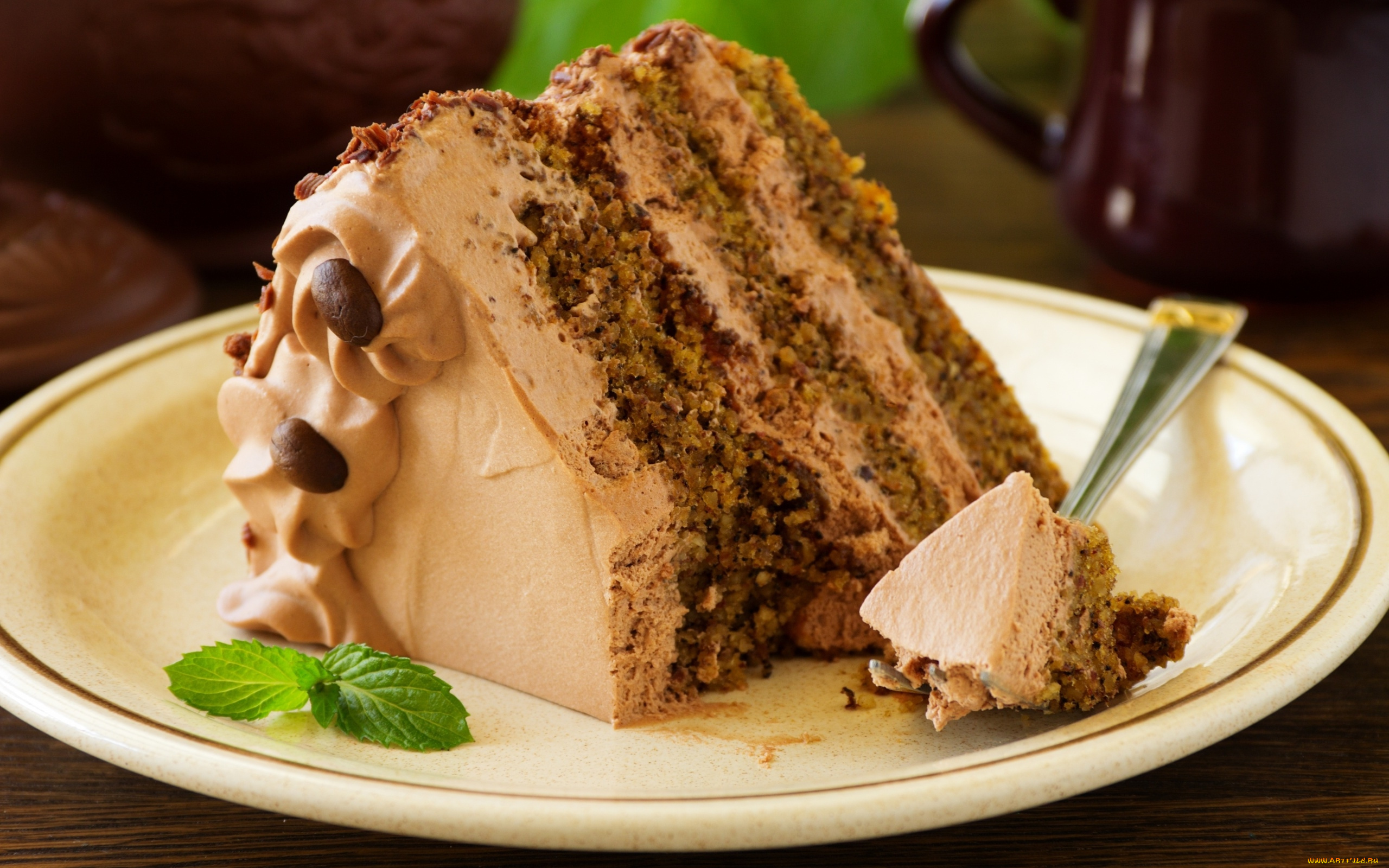еда, торты, торт, кусок, ложка, тарелка, мята