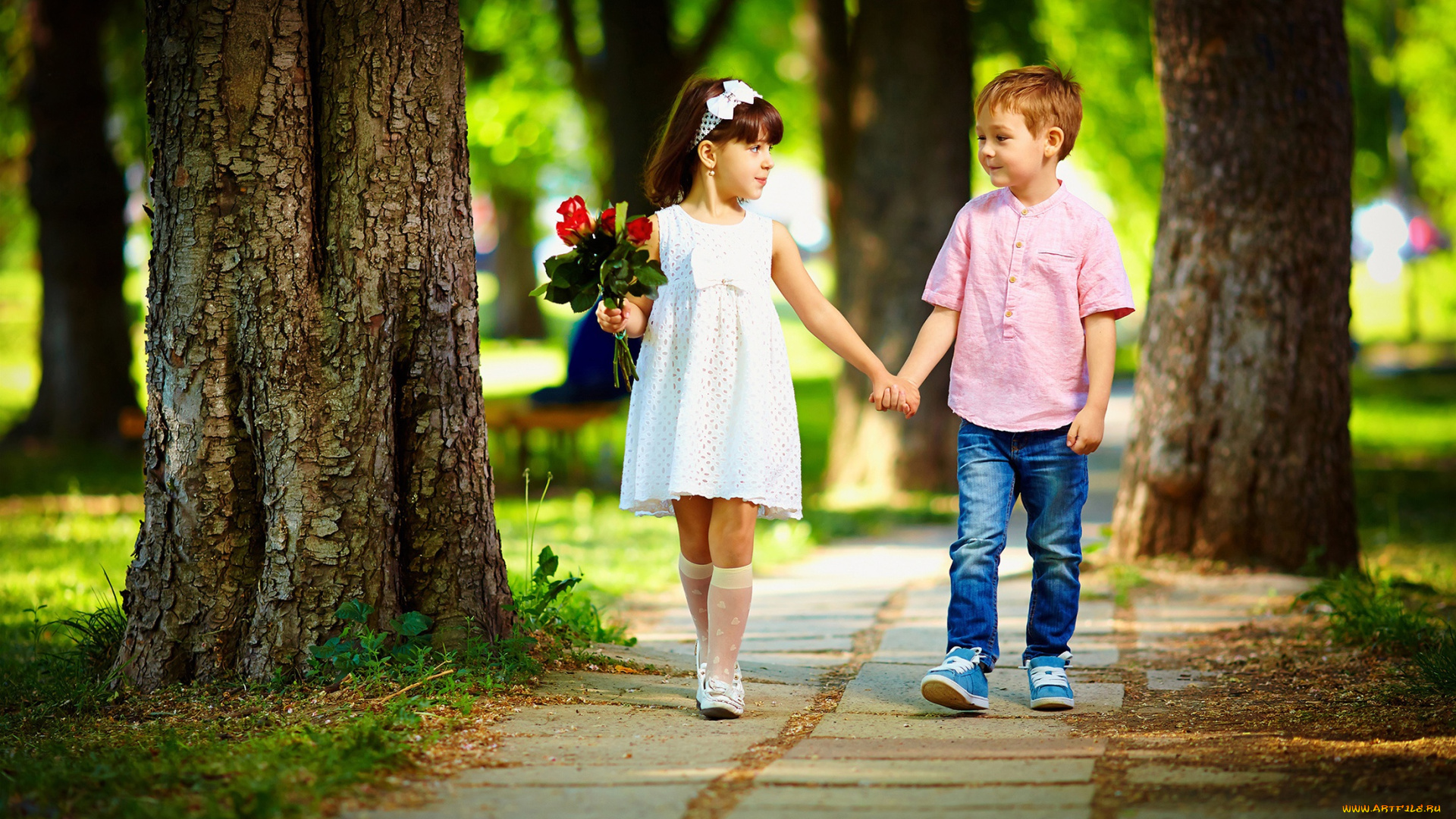 разное, дети, девочка, мальчик, букет, аллея