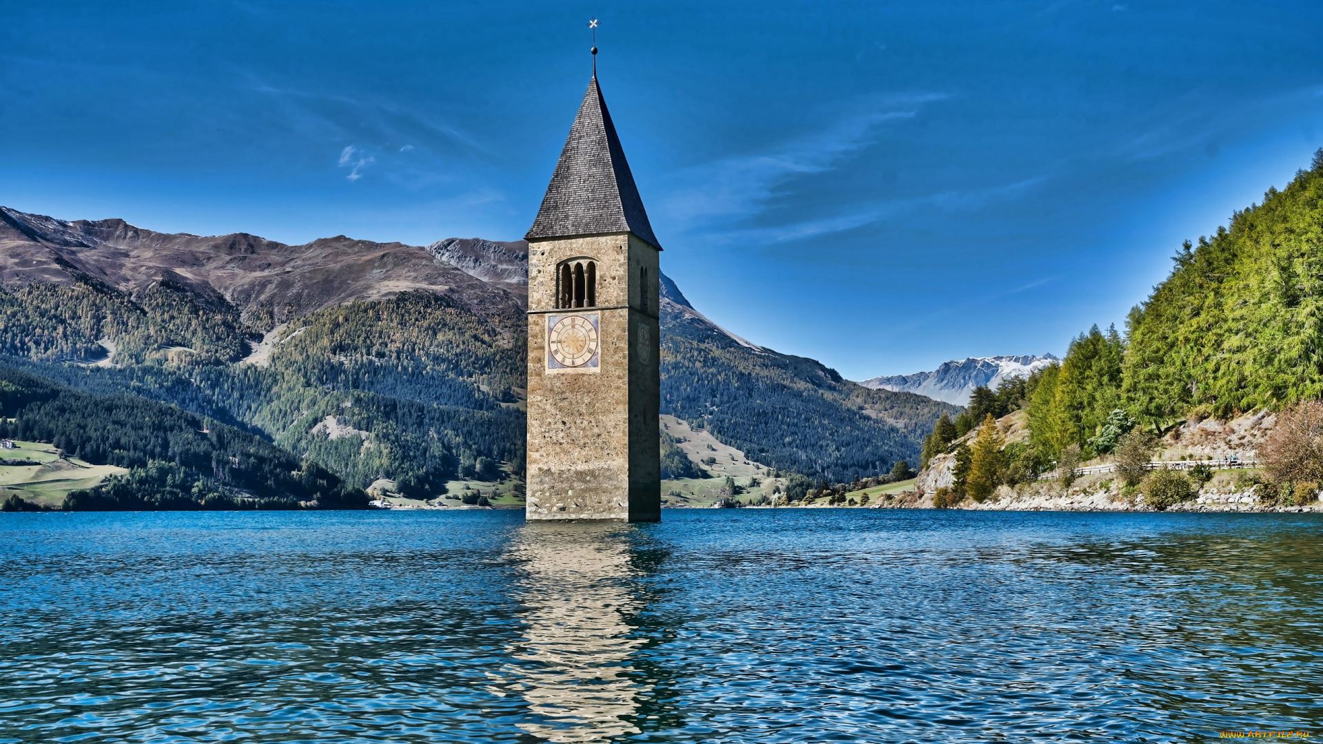 reschensee, south, tyrol, italy, города, -, католические, соборы, , костелы, , аббатства, south, tyrol