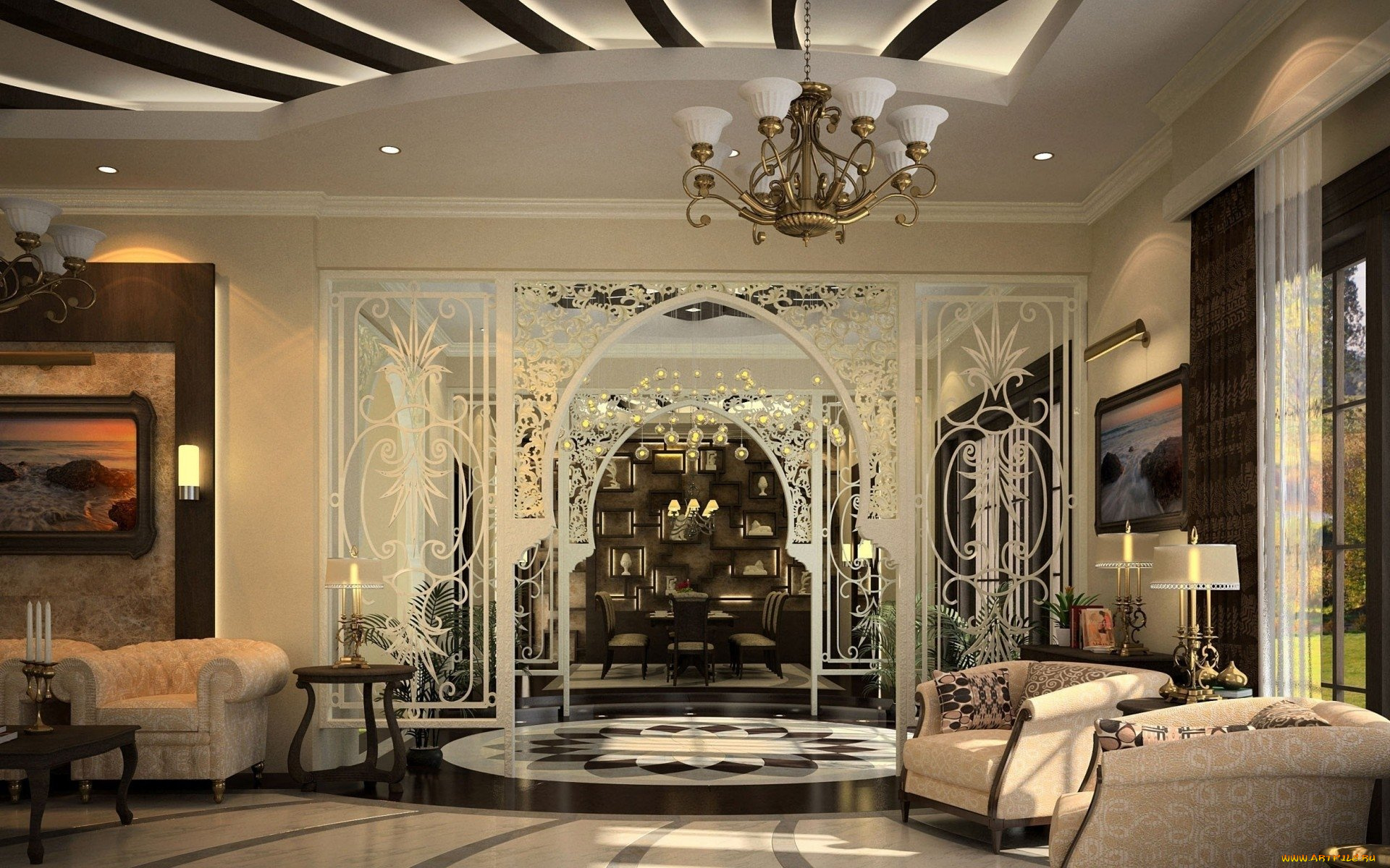 интерьер, гостиная, кресла, люстра, подсвечники