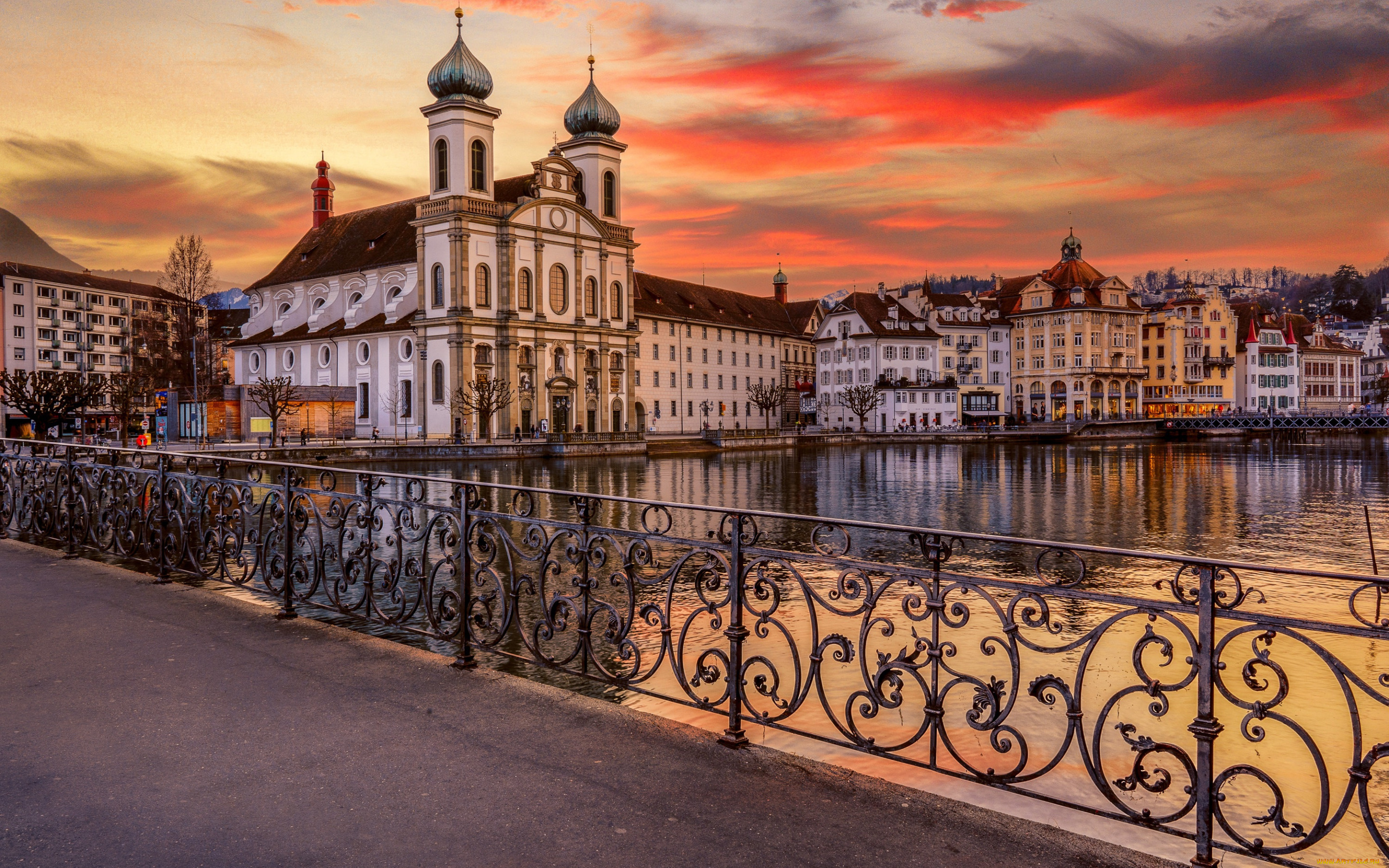 города, люцерн, , швейцария, церковь, иезуитов, люцерн, вечер, закат, католическая, река, ройсс, достопримечательности, городской, вид