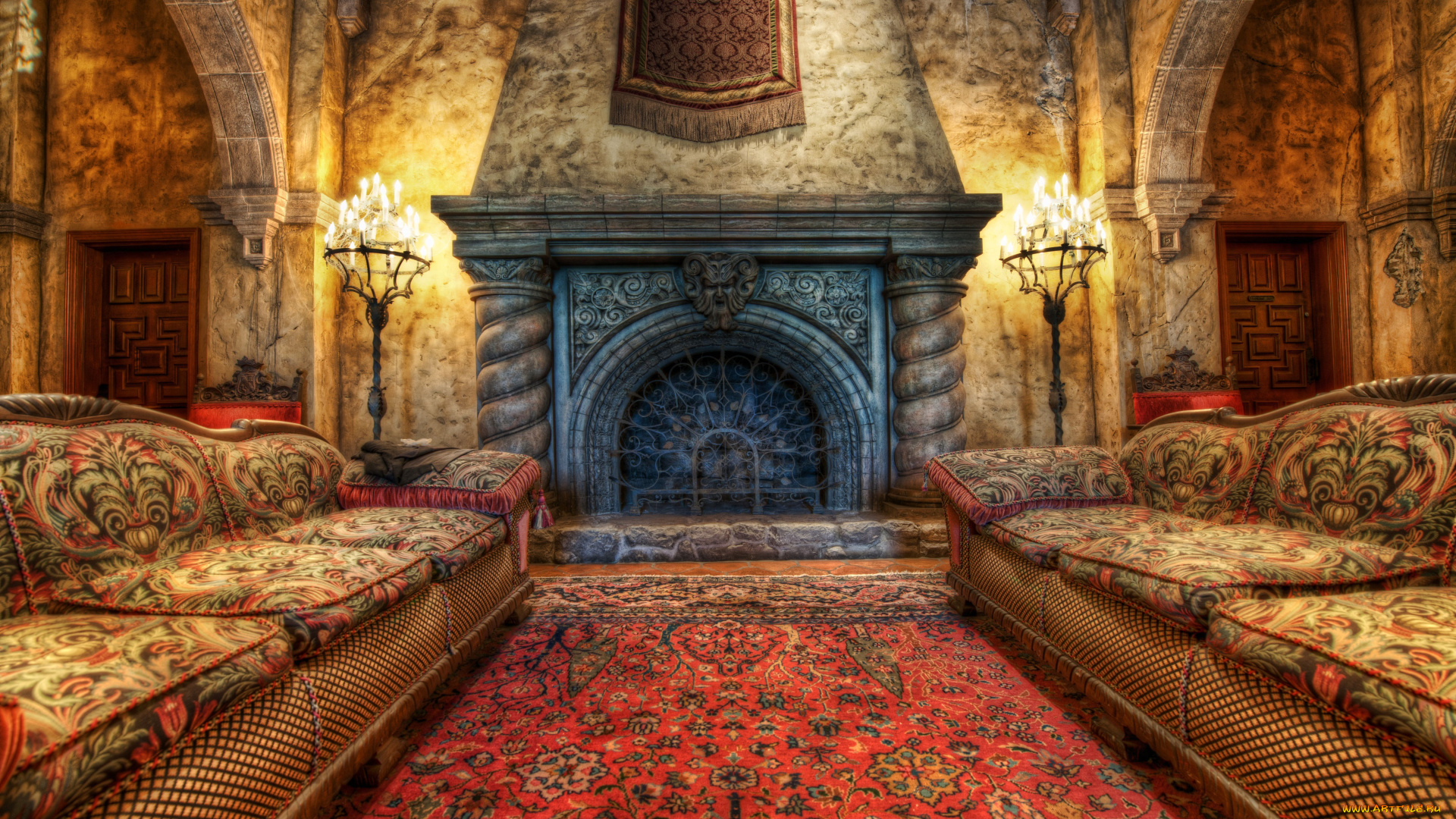интерьер, камины, замок, диван, свечи, зал, ковёр