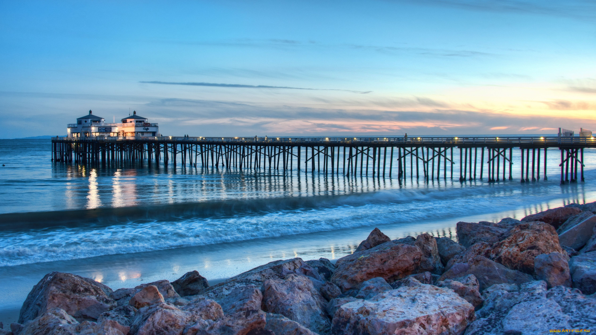 malibu, pier, california, природа, побережье, камни, море, мост