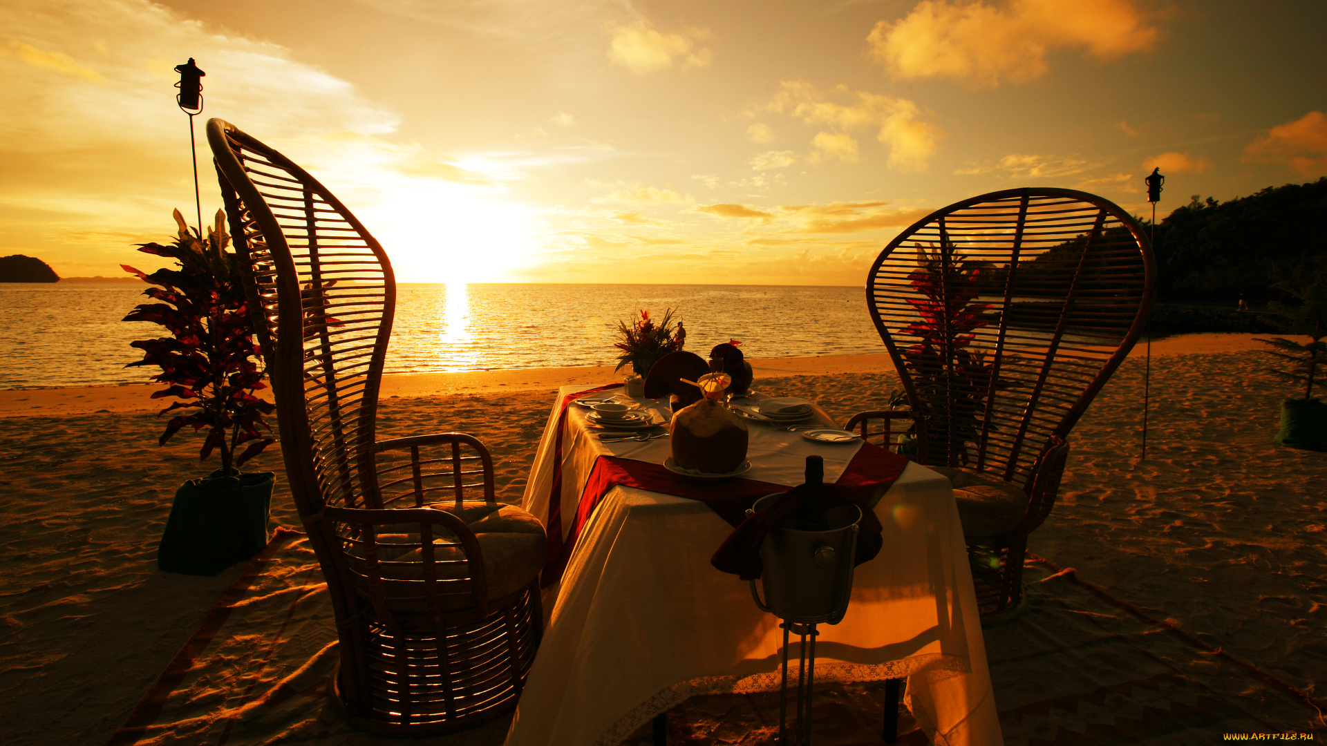 природа, восходы, закаты, стол, море, закат, романтика, пляж, кресла