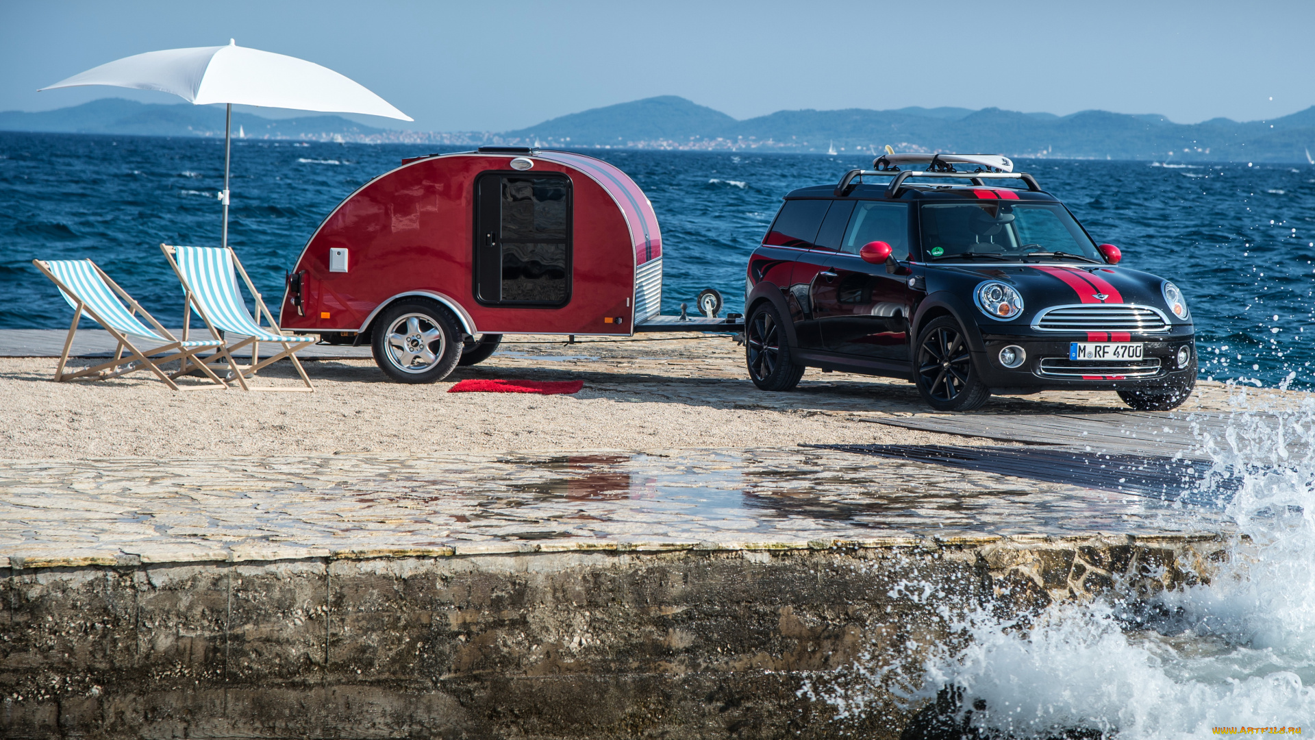 2013, mini, clubman, cowley, caravan, автомобили, берег, прицеп, море