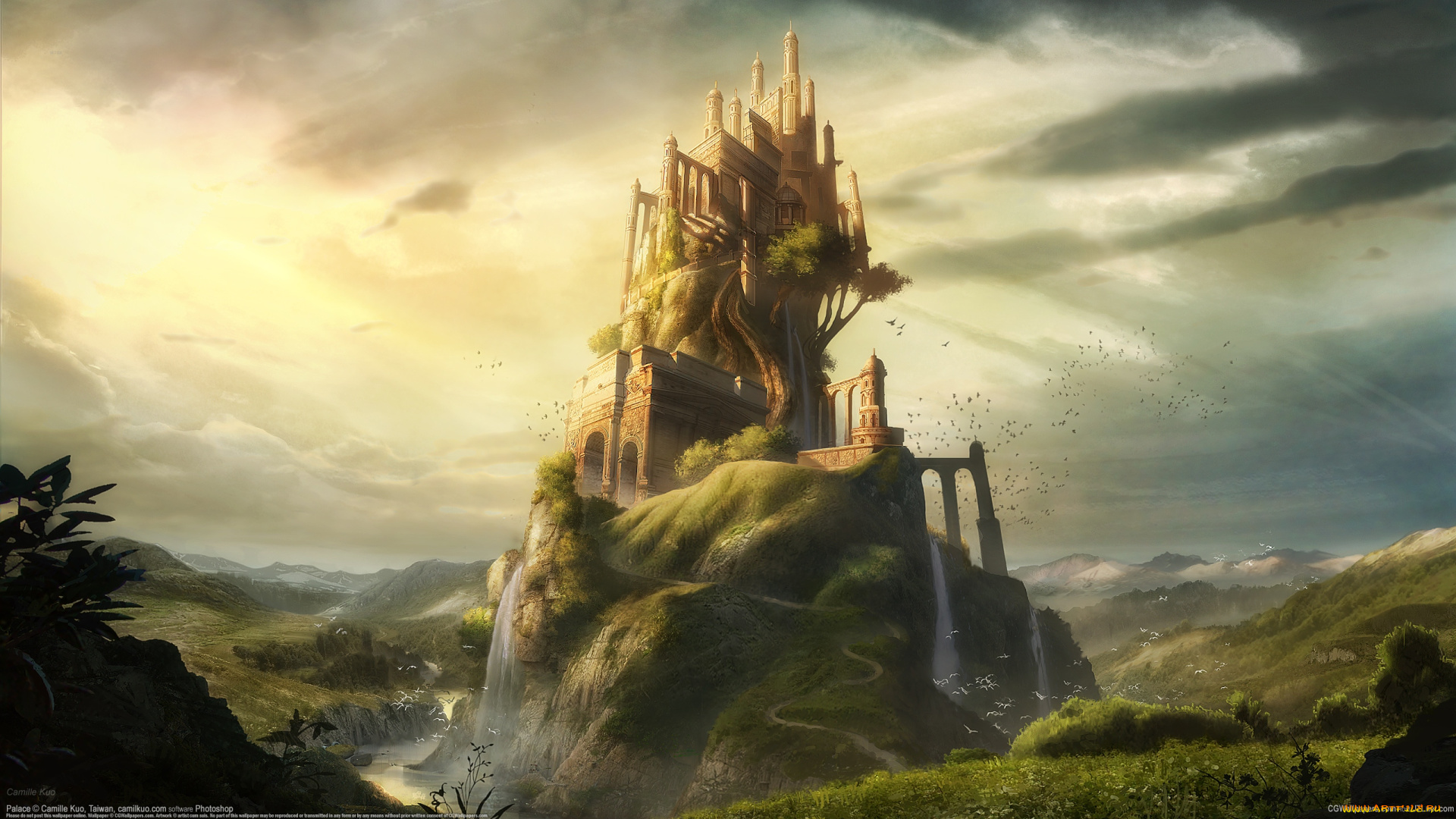 camille, kuo, фэнтези, замки, гора, водопады, пейзаж