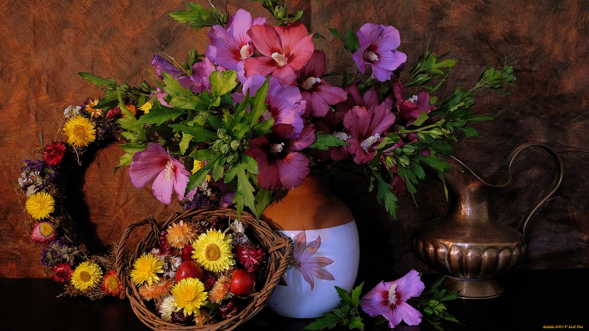 цветы, букеты, композиции, бессмертник, мальвы, ранетки, яблочки, венок, ваза, кувшин