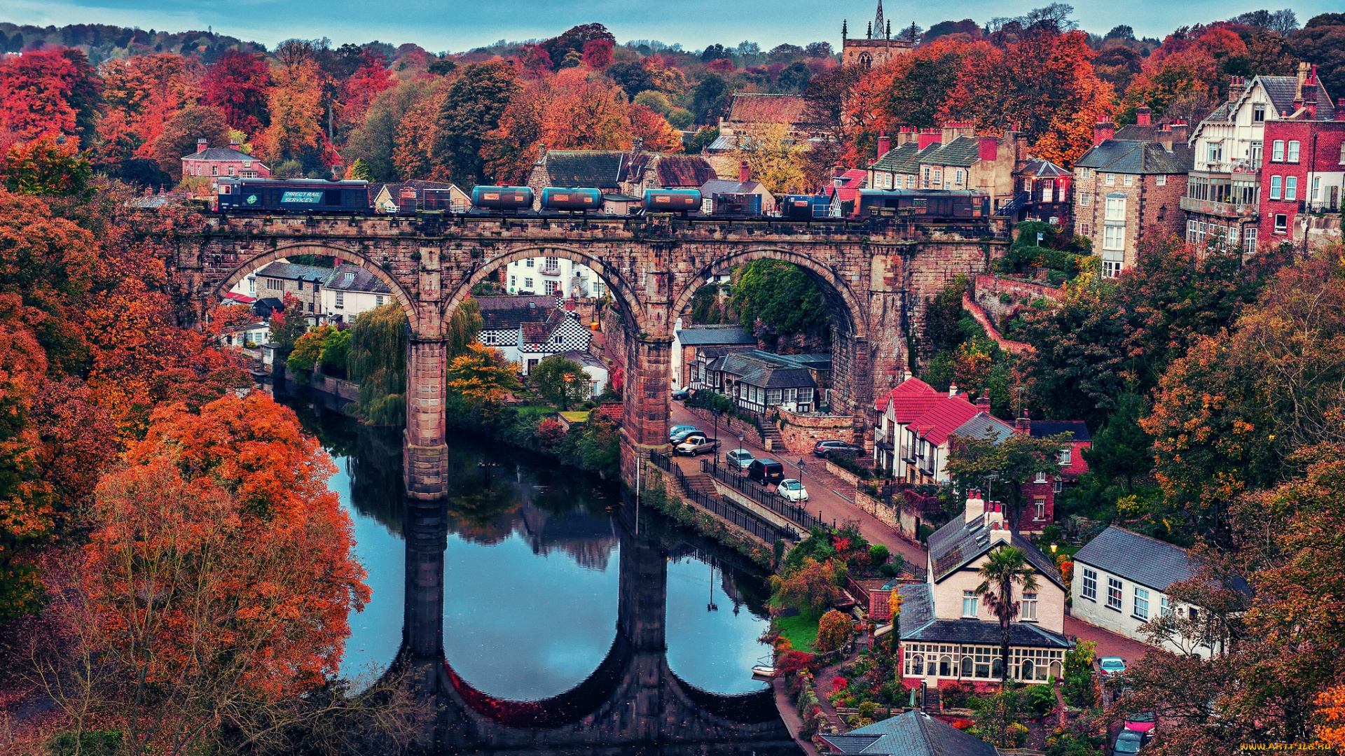 knaresborough, england, города, мосты, мост, англия, нерсборо, river, nidd, отражение, поезд, осень