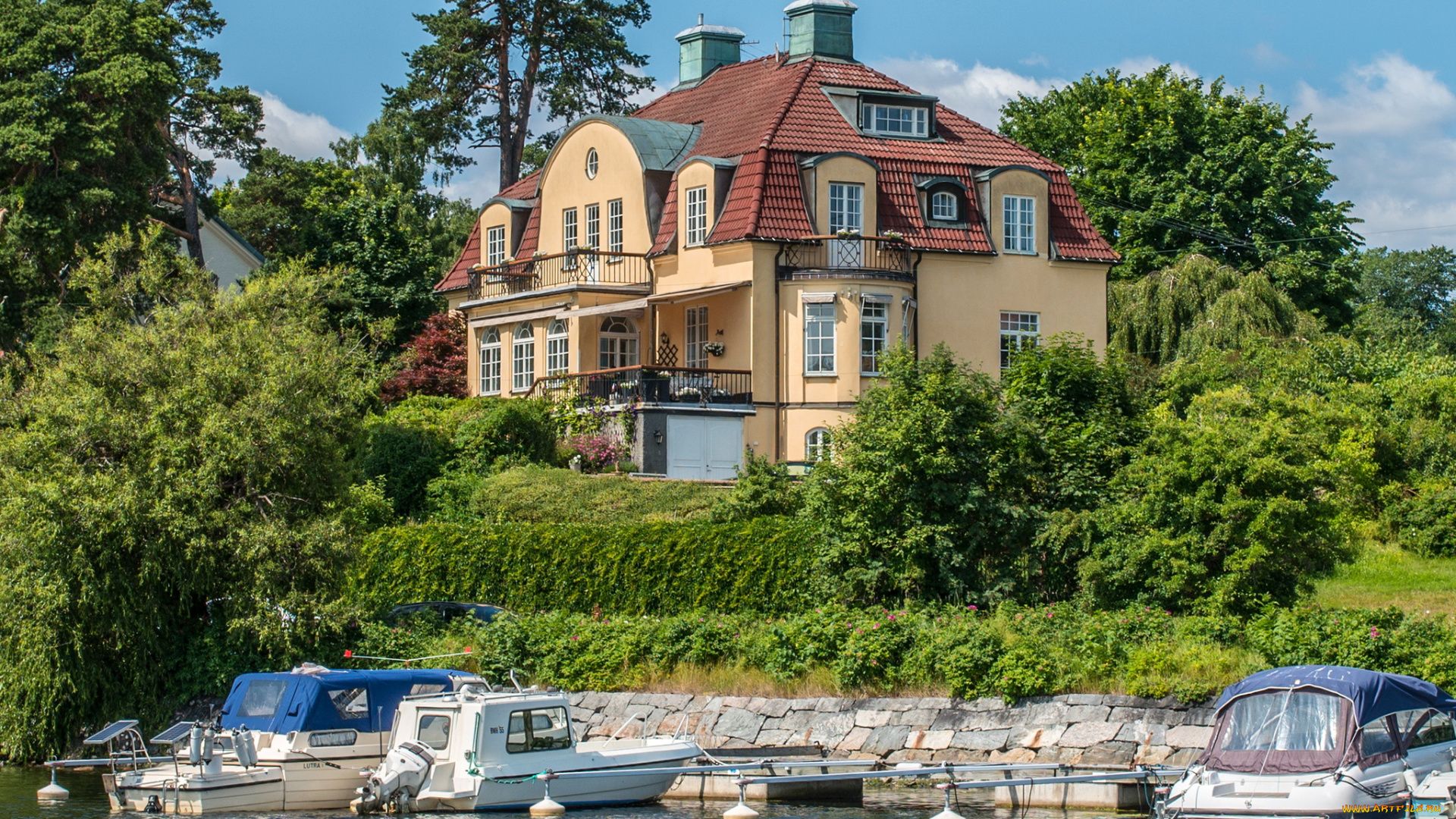 швеция, стокгольм, nacka, города, дома, река, берег, лодки, катера