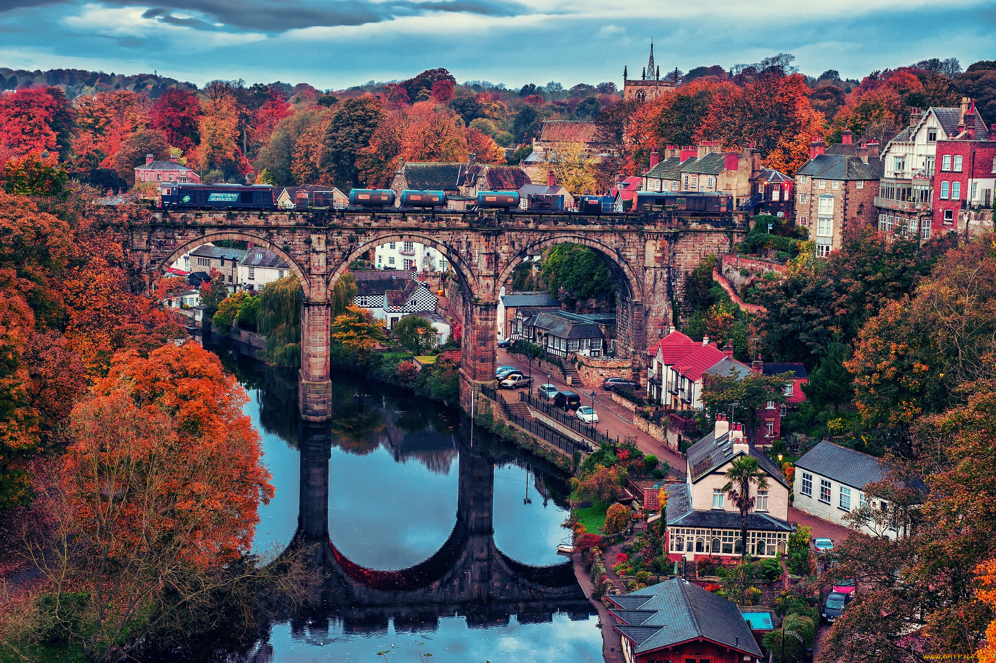 knaresborough, england, города, мосты, мост, англия, нерсборо, river, nidd, отражение, поезд, осень