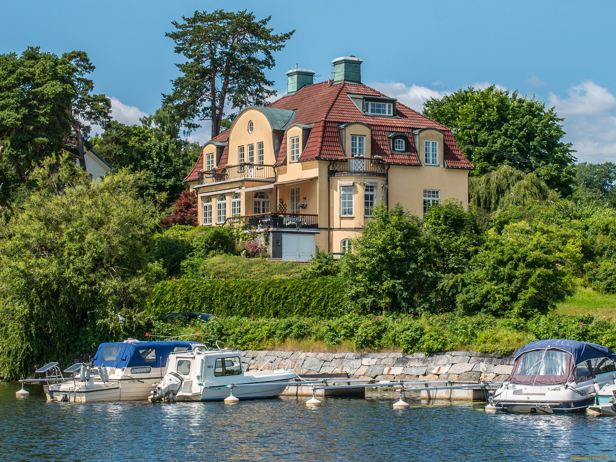 швеция, стокгольм, nacka, города, дома, река, берег, лодки, катера