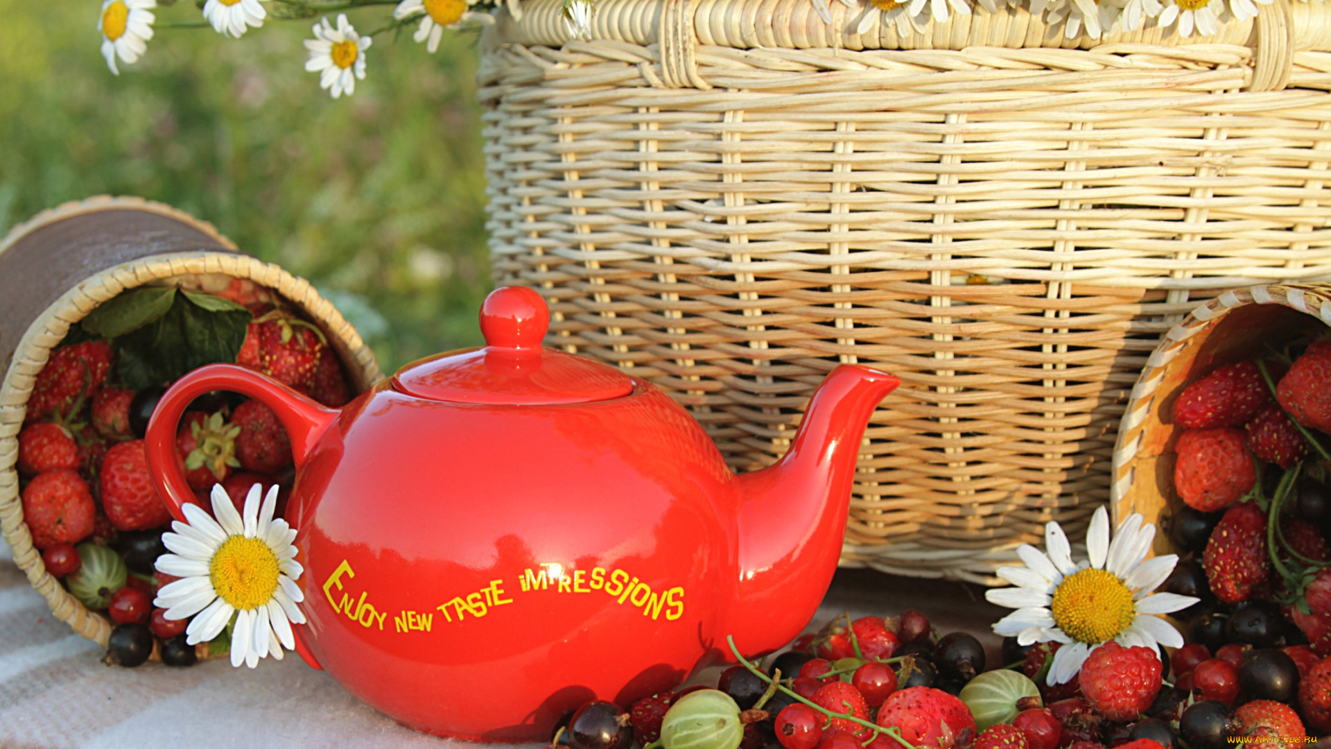 еда, фрукты, , ягоды, ромашки, клубника, смородина, крыжовник, малина